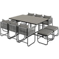 10 Seater Rattan Cube Garden Dining Set with Cushions, 6 Armchairs & 4 Stools, Rectangular Wood Grain Table - Grey