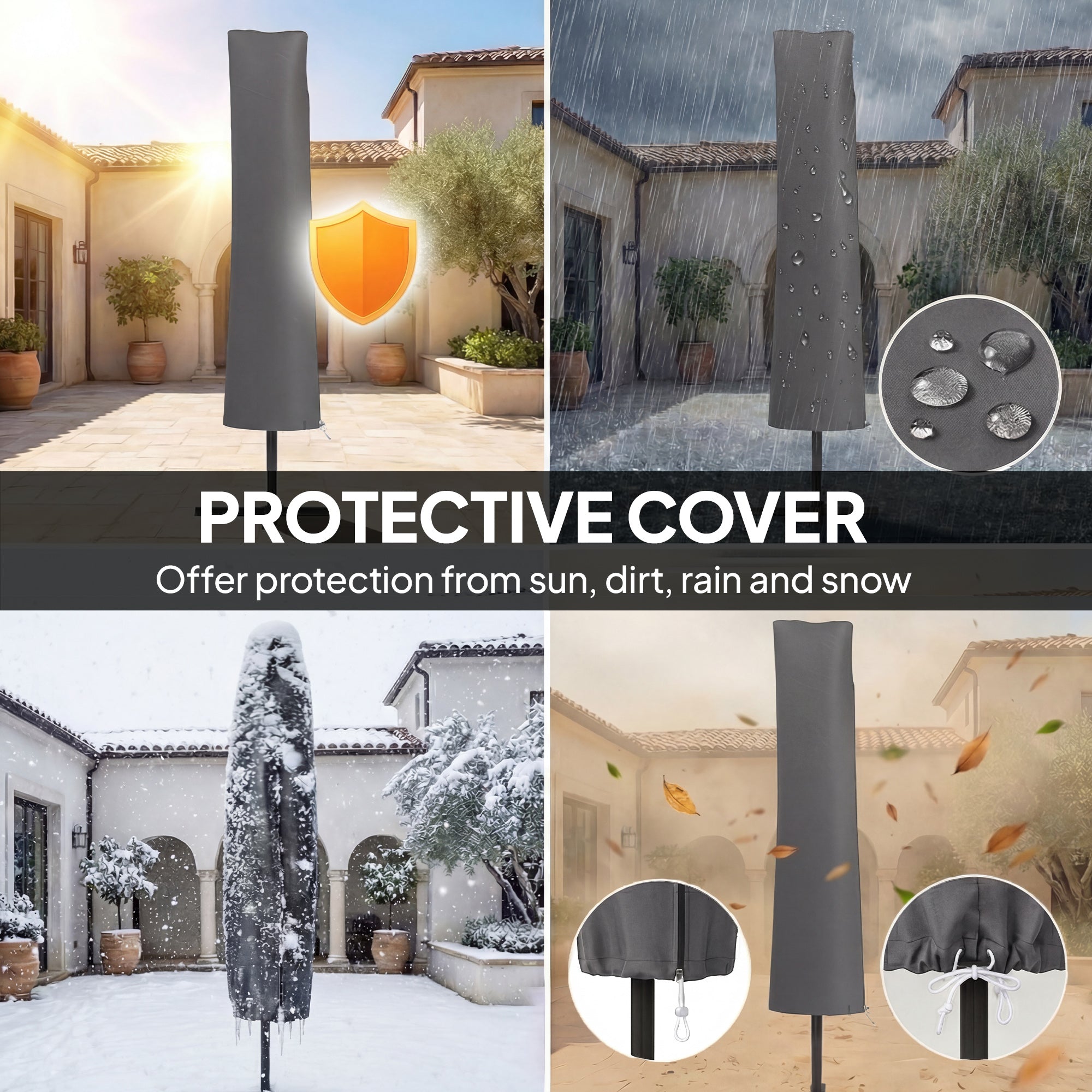 3 m Cantilever Parasol with Protective Cover and Wind Ropes, Banana Parasol with Crank Handle, Khaki