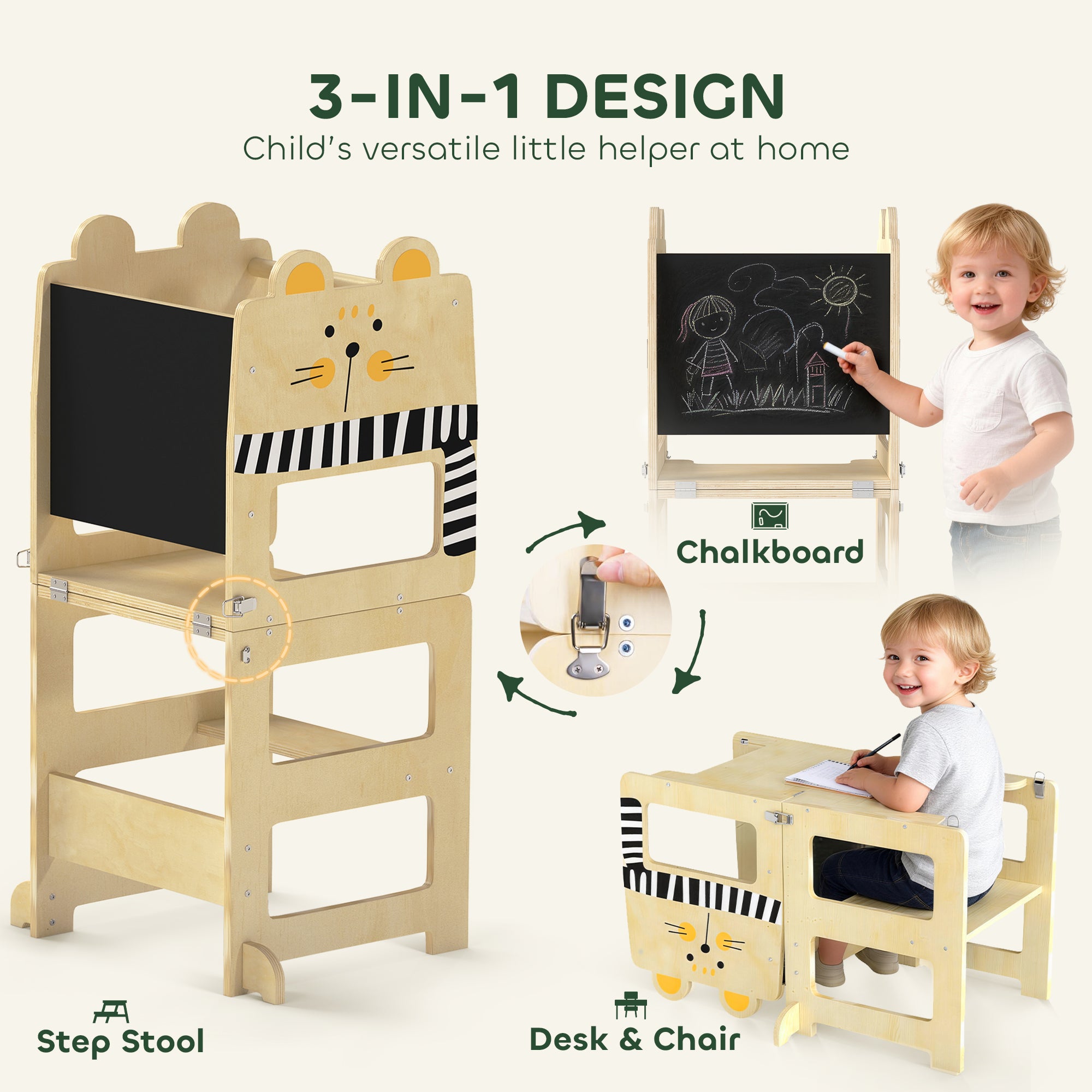 Toddler Step Stool, Standing Tower with Chalkboard, 3-in-1 Cat-Shaped Step Stool for Kitchen Counter, Natural