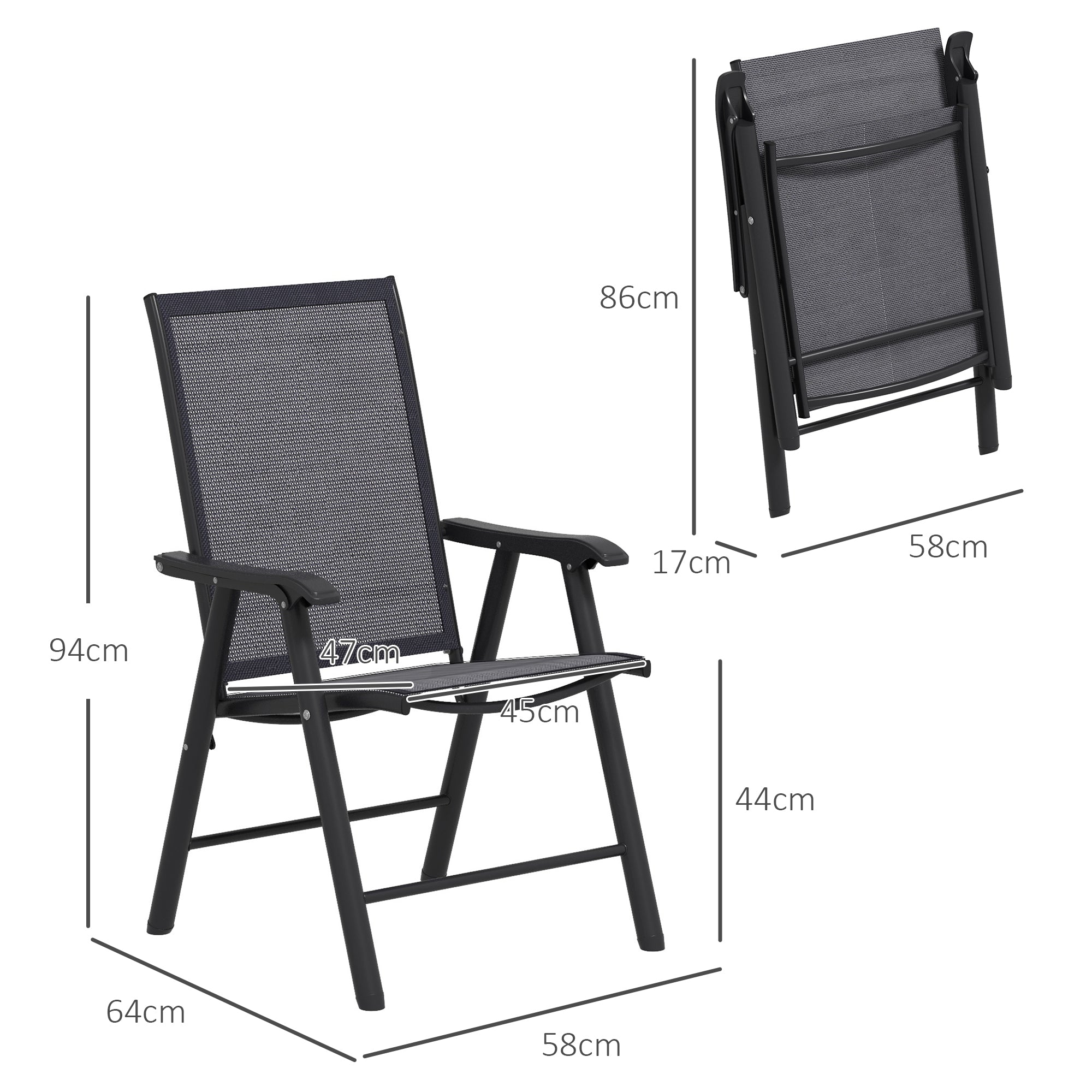 Set of 6 Folding Garden Chairs, Metal Frame Garden Chairs Outdoor Patio Park Dining Seat with Breathable Mesh Seat, Dark Grey