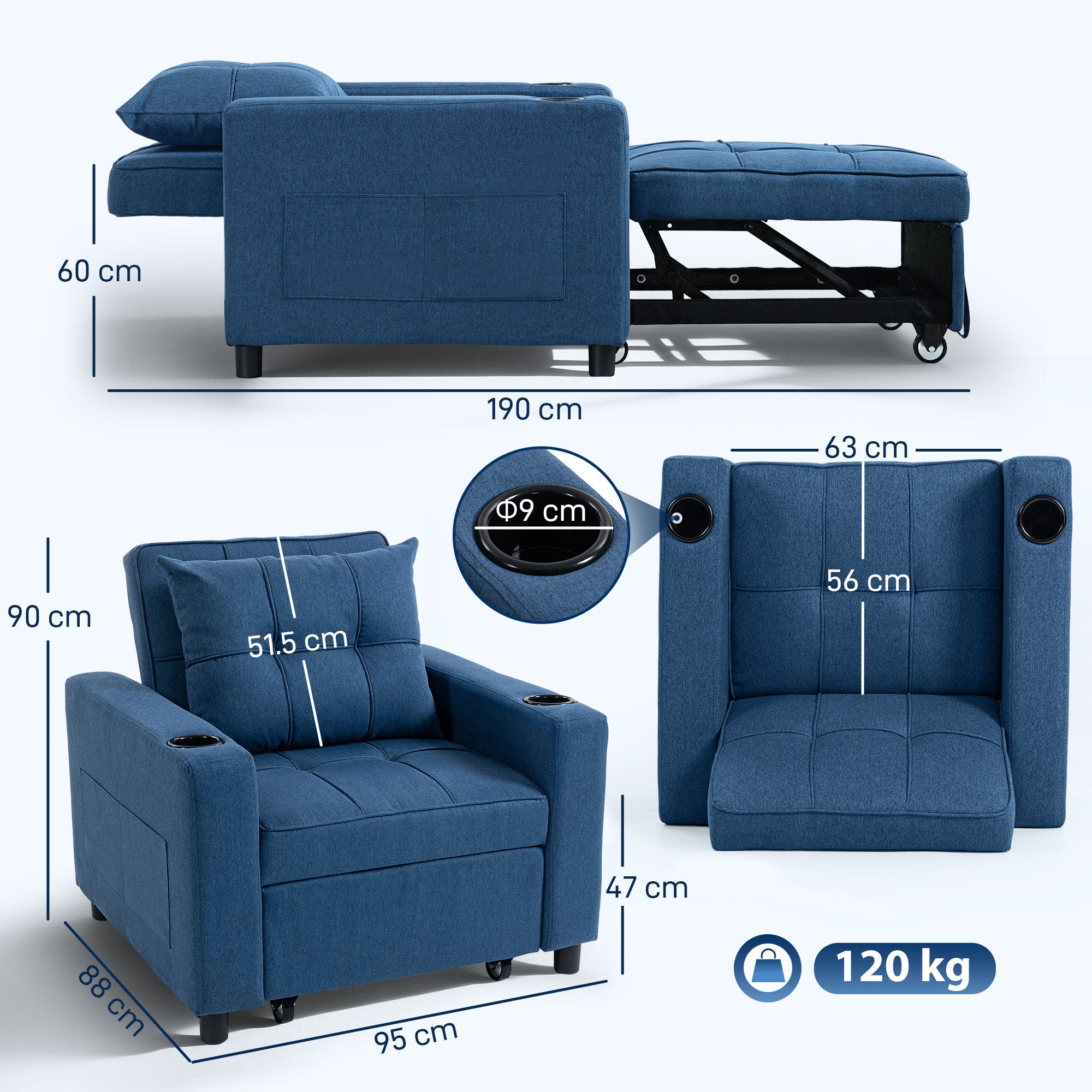 3-in-1 Single Sofa Bed, Convertible Sleeper Chair Bed with 3-level Adjustable Back - Dark Blue