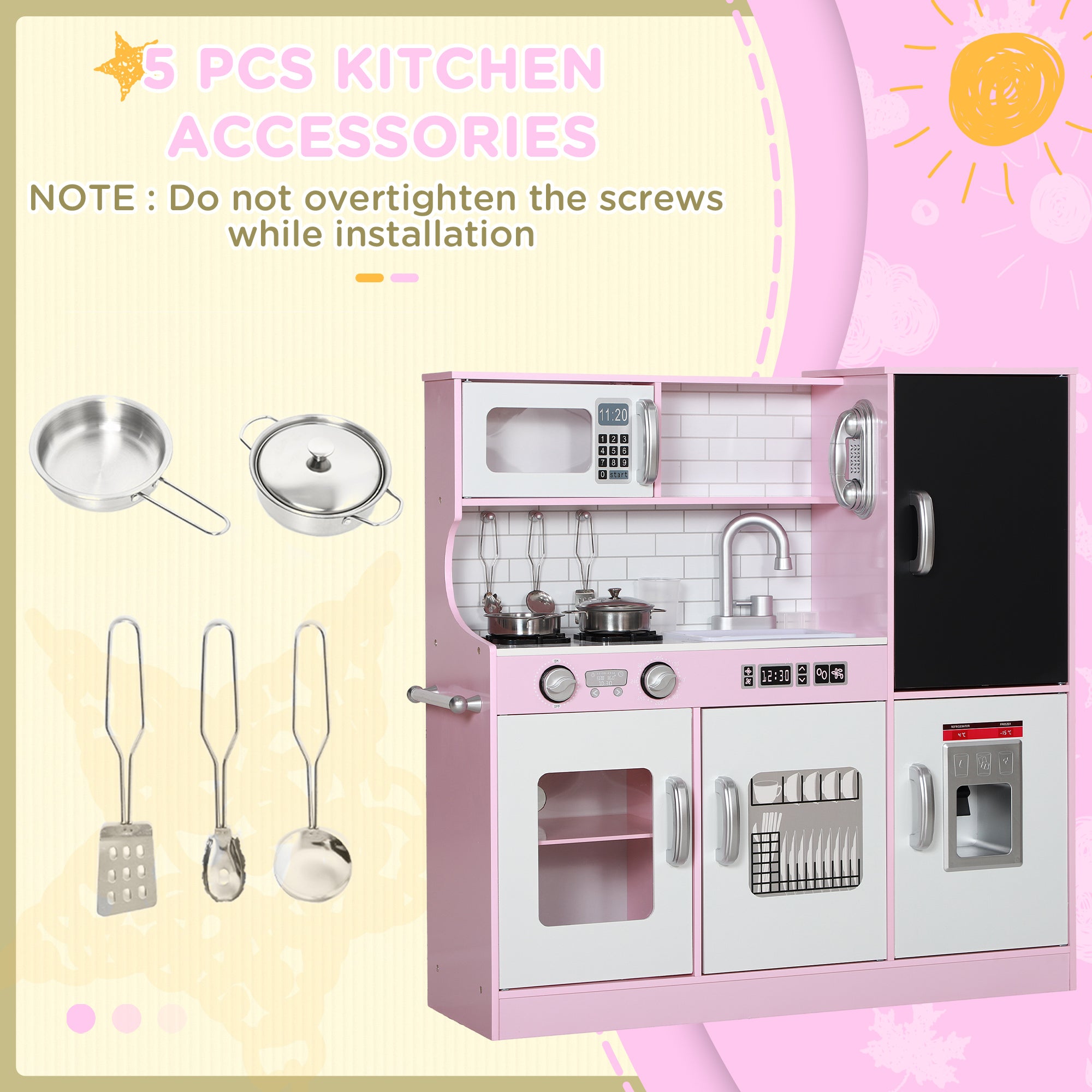 Pretend Play Kitchen Kids Kitchen Playset w/ Toy Phone, Chalkboard, Microwave, Cooking Stove, Sink