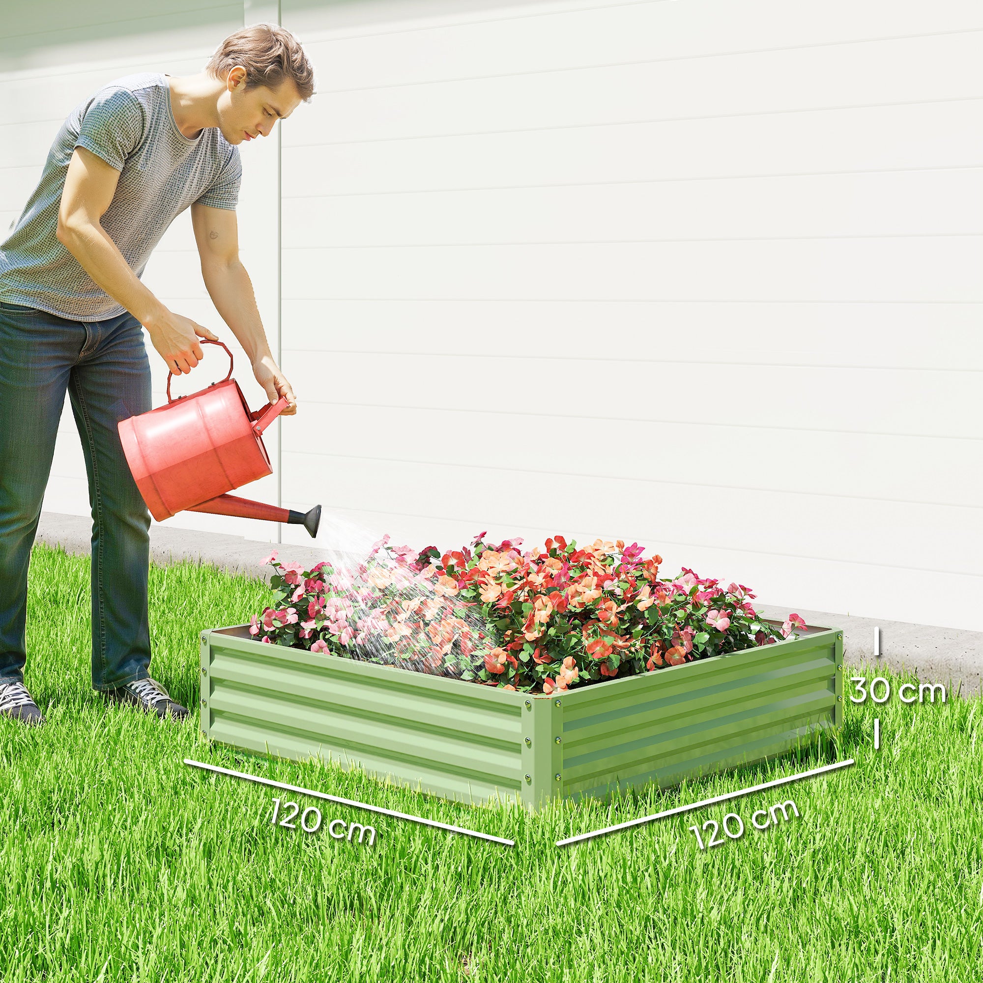 Square Raised Garden Bed Box with Weatherized Steel Frame for Vegetables, Flowers, & Herbs, 120 x 120 x 30cm, Light Green