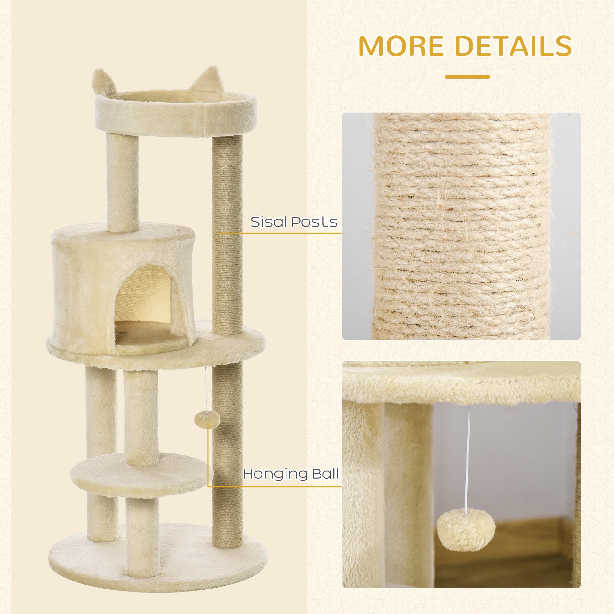 104 cm Cat Tree, Cat Condo Tree Tower, Cat Activity Centre with Scratching Posts, Plush Perch, Hanging Ball - Cream White