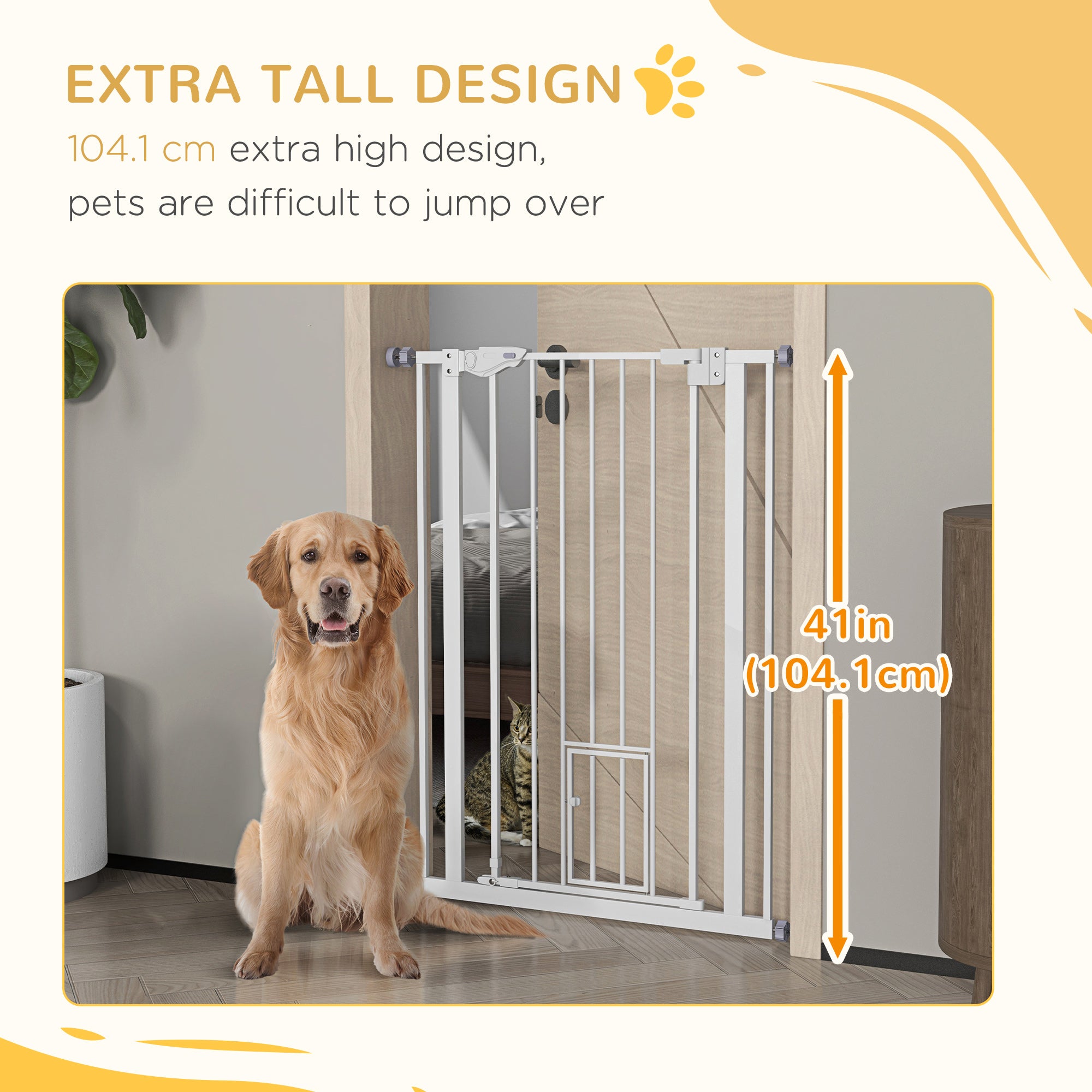 Extra Tall Pet Gate, Indoor Dog Safety Gate, with Cat Flap, Auto Close, 74-80cm Wide - White