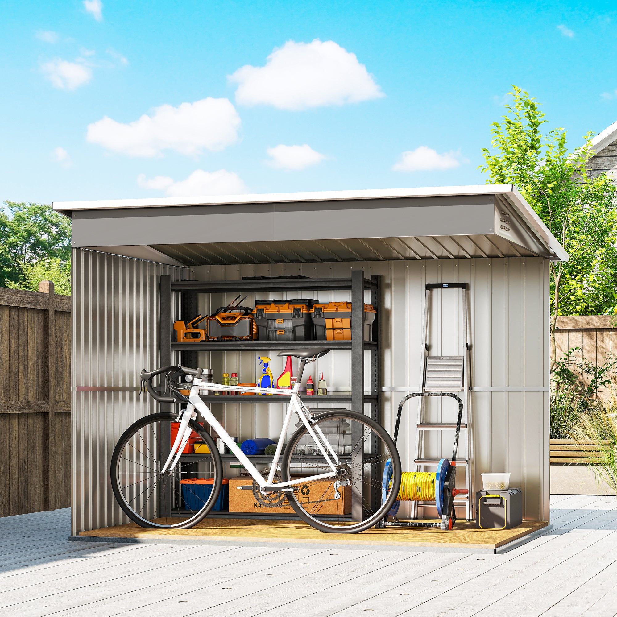 8.5 x 6ft Storage Shed Galvanised Steel Garden Shed, Metal Shed with Foundation Kit, Window, Lockable Wide Doors and Air Vents for Outdoor Patio, Light Grey