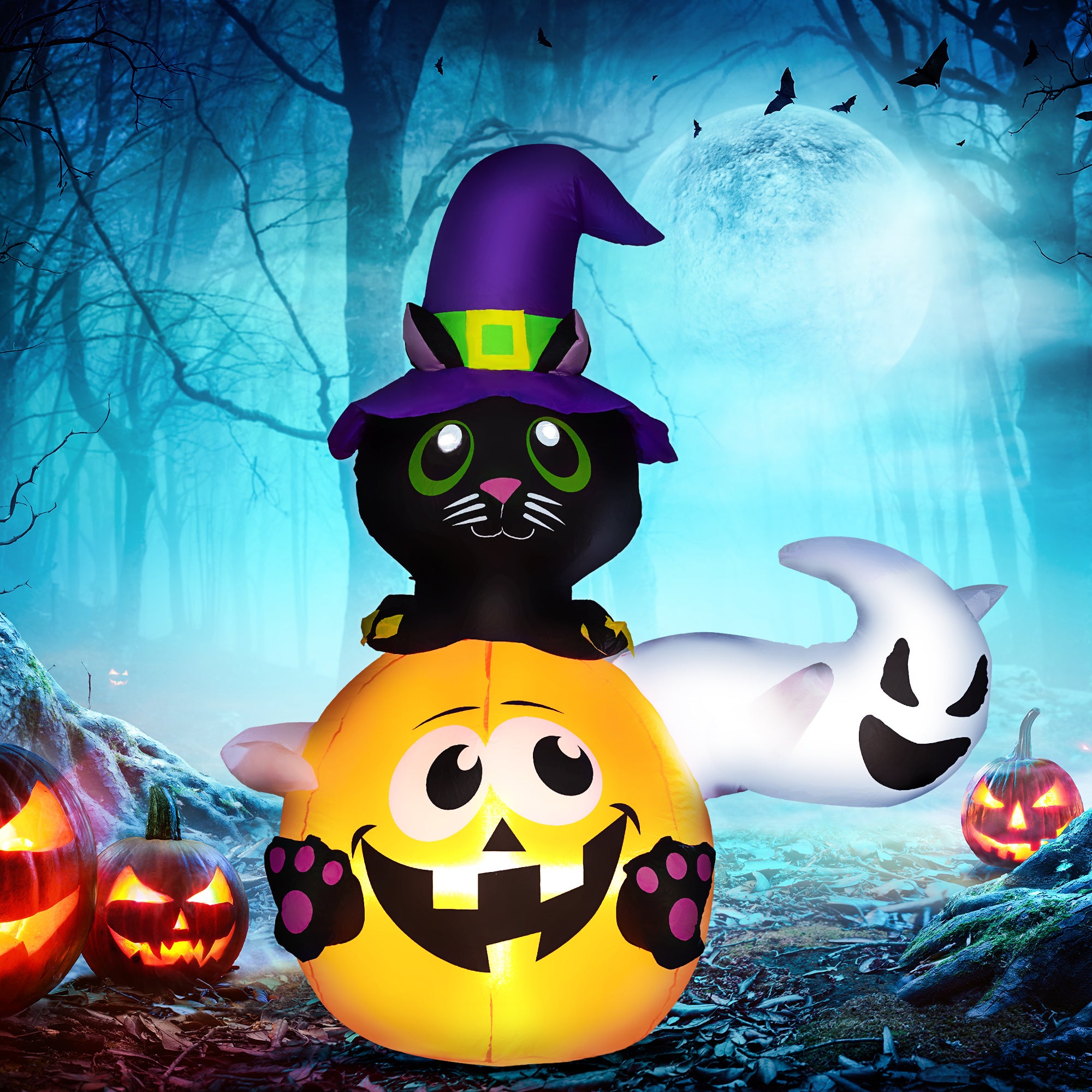 4.9FT Light-Up Pumpkin, Cat and Ghost Halloween Inflatable