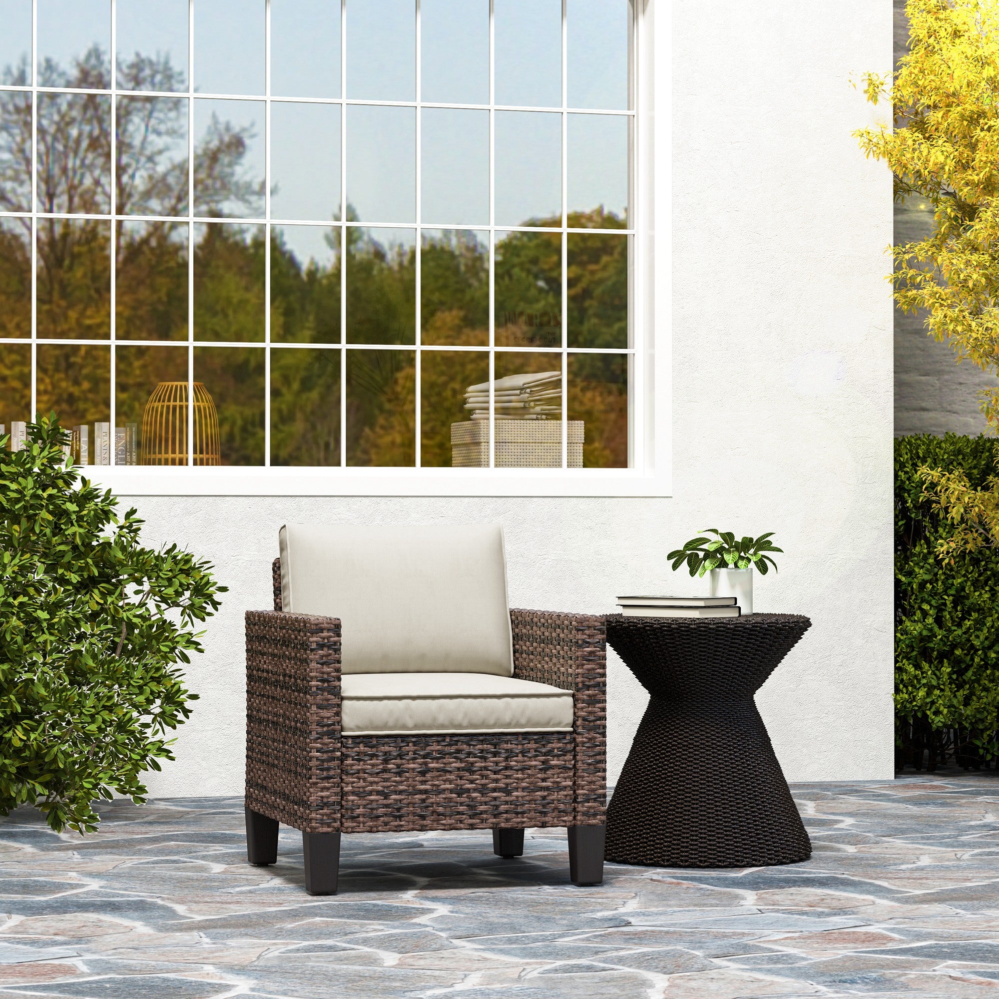 Single Rattan Armchair, with Cushions - Brown