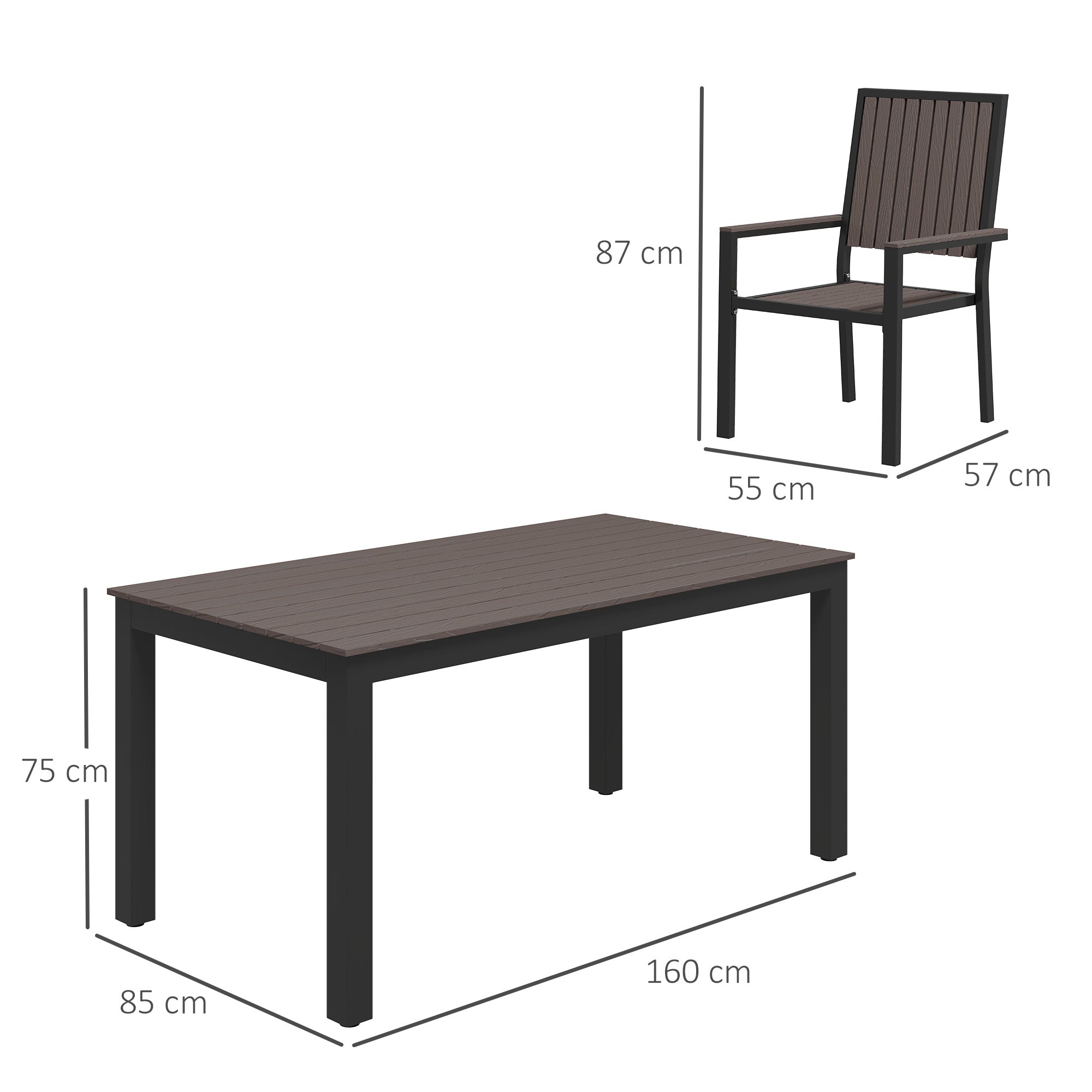 6 Seater Garden Dining Set with Stackable Chairs and Rectangular Aluminium Frame Table - Brown