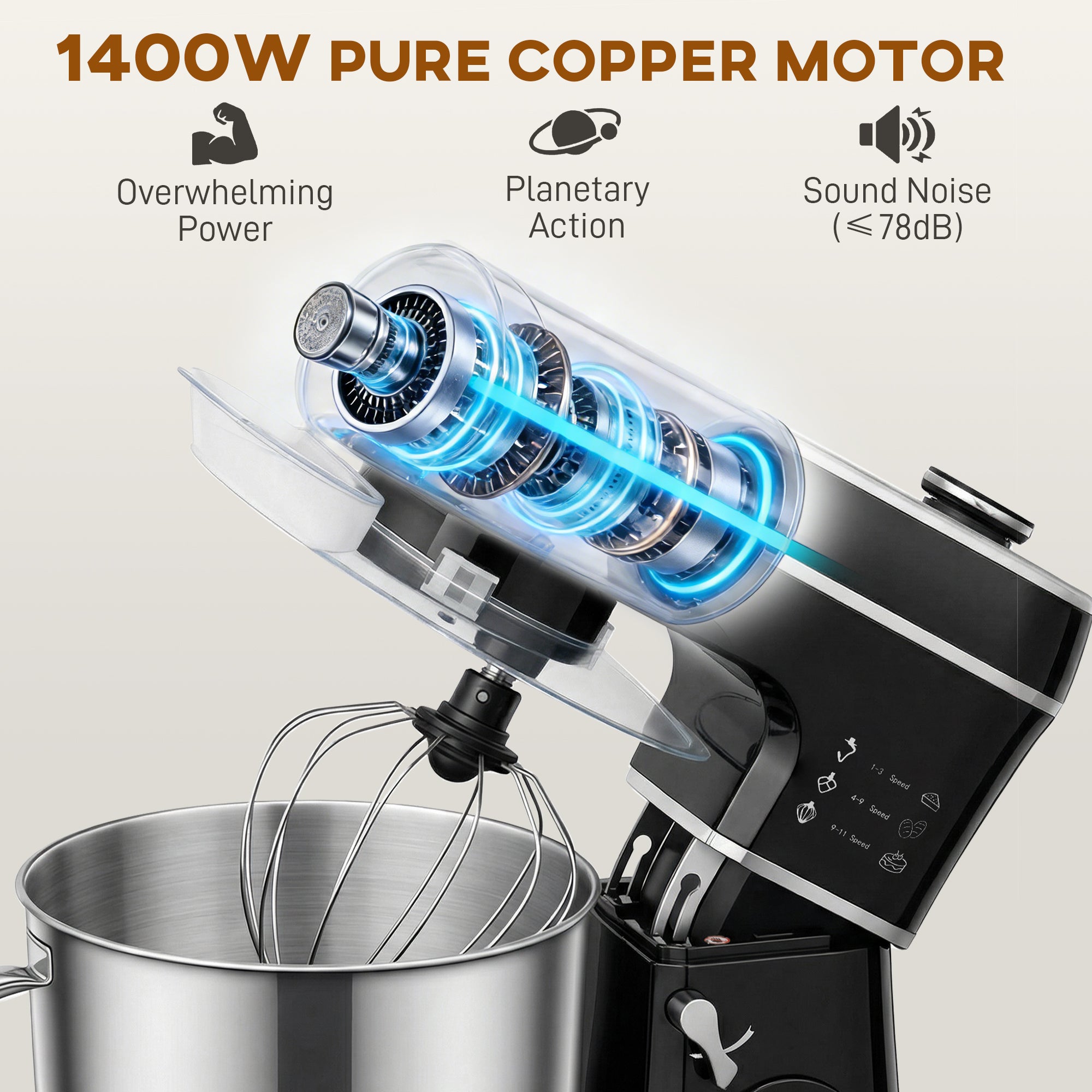 Stand Mixer, 6L 1400W Tilt-Head Food Mixer with 11 Speeds, Pulse & Fermentation Function, LED Display, Black
