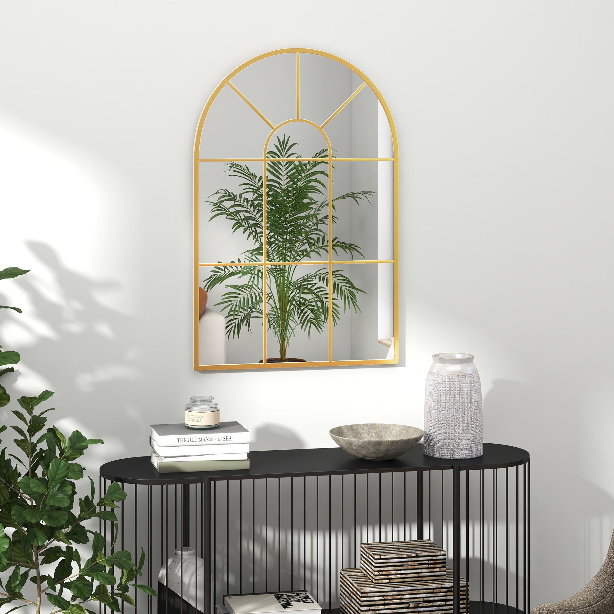 Modern Arched Wall Mirror, 91 x 60 cm Window Mirrors for Living Room, Bedroom, Gold Tone