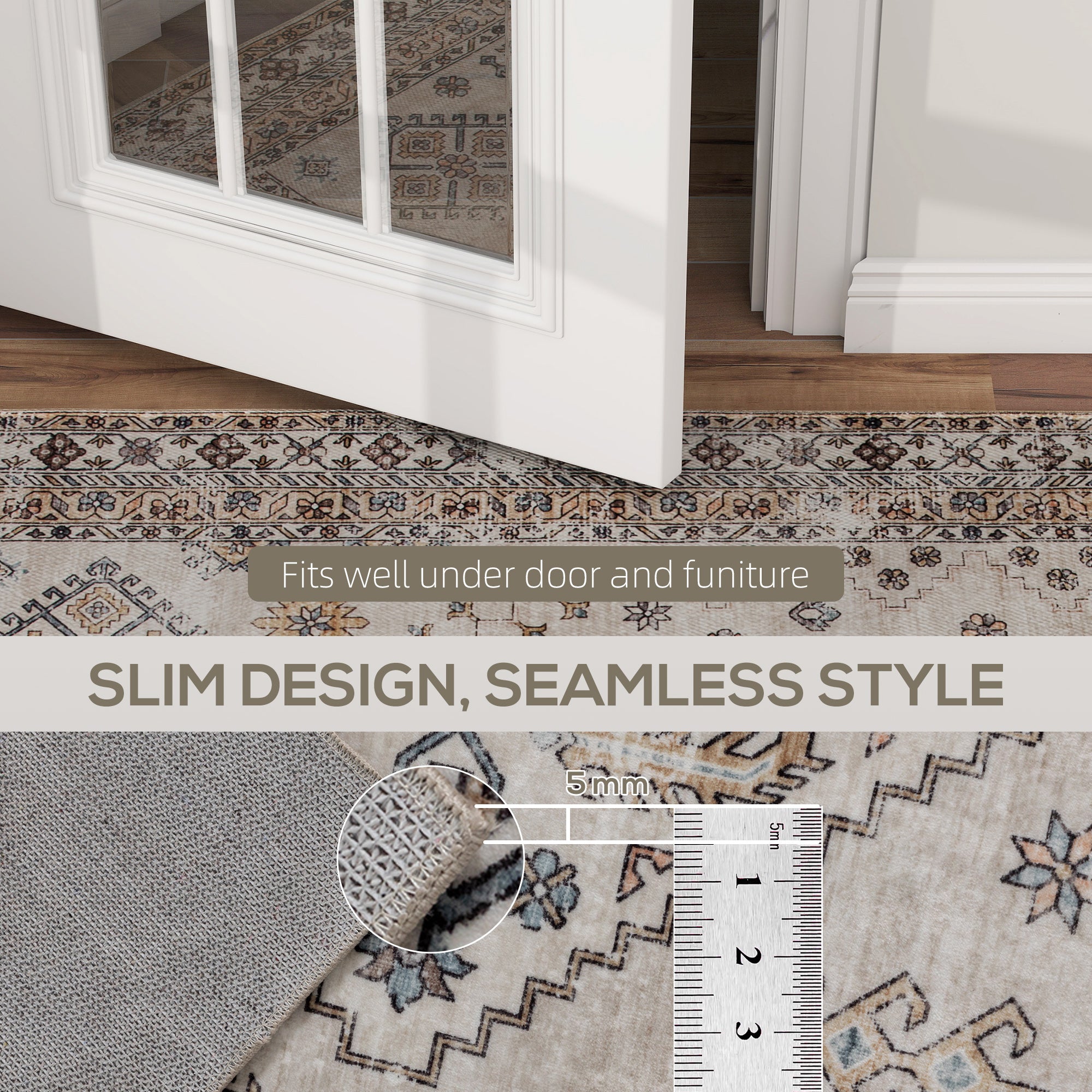 Vintage Area Rug, Non-Slip Washable Rug, Flannel Floor Carpet for Living Room, Bedroom, Dining Room, Home Office, 230 x 160 cm, Beige