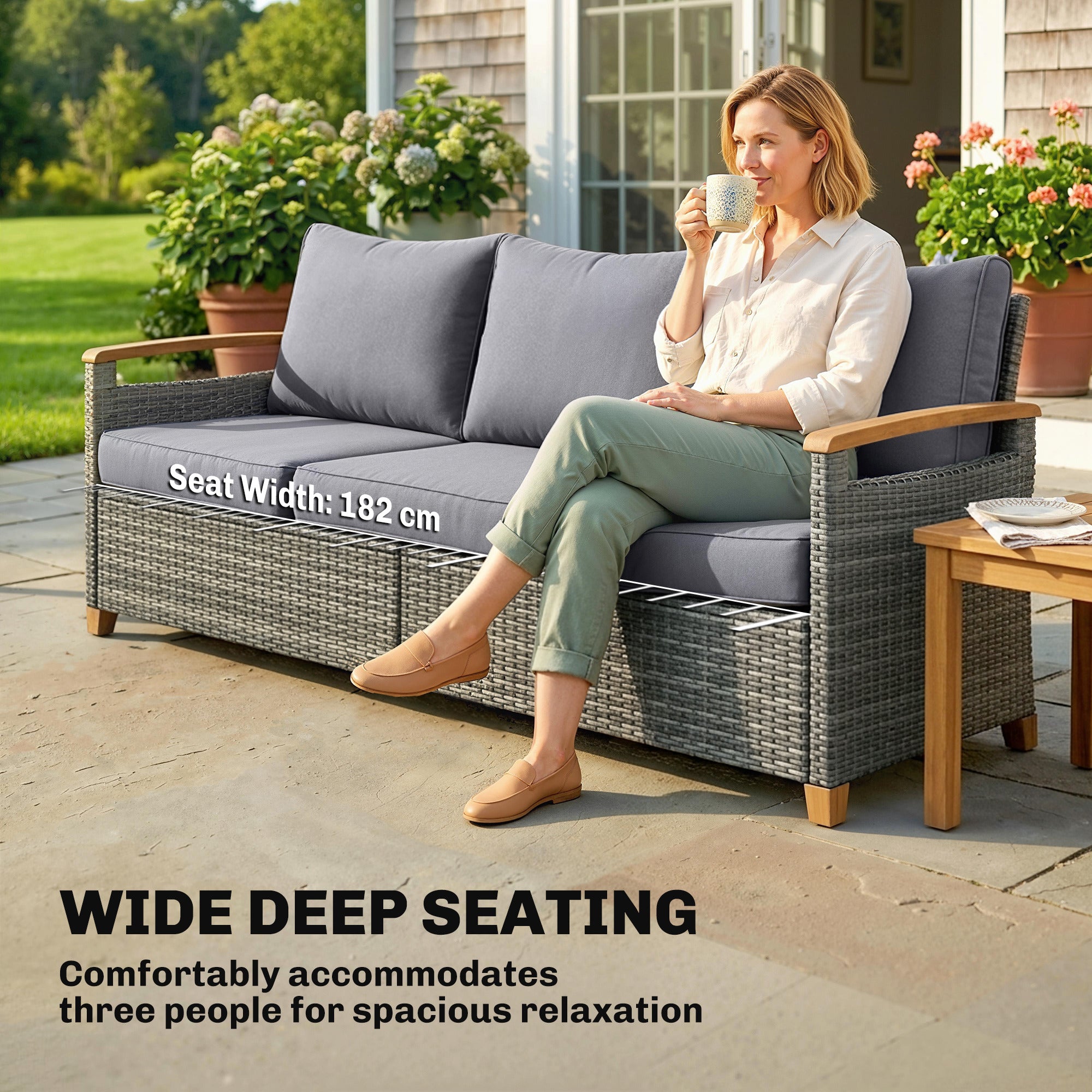 3 Seater Rattan Garden Sofa, PE Wicker Outdoor Sofa Wide Deep Seat, 4" Cushions, Wood-Effect Armrests Legs, Dark Grey