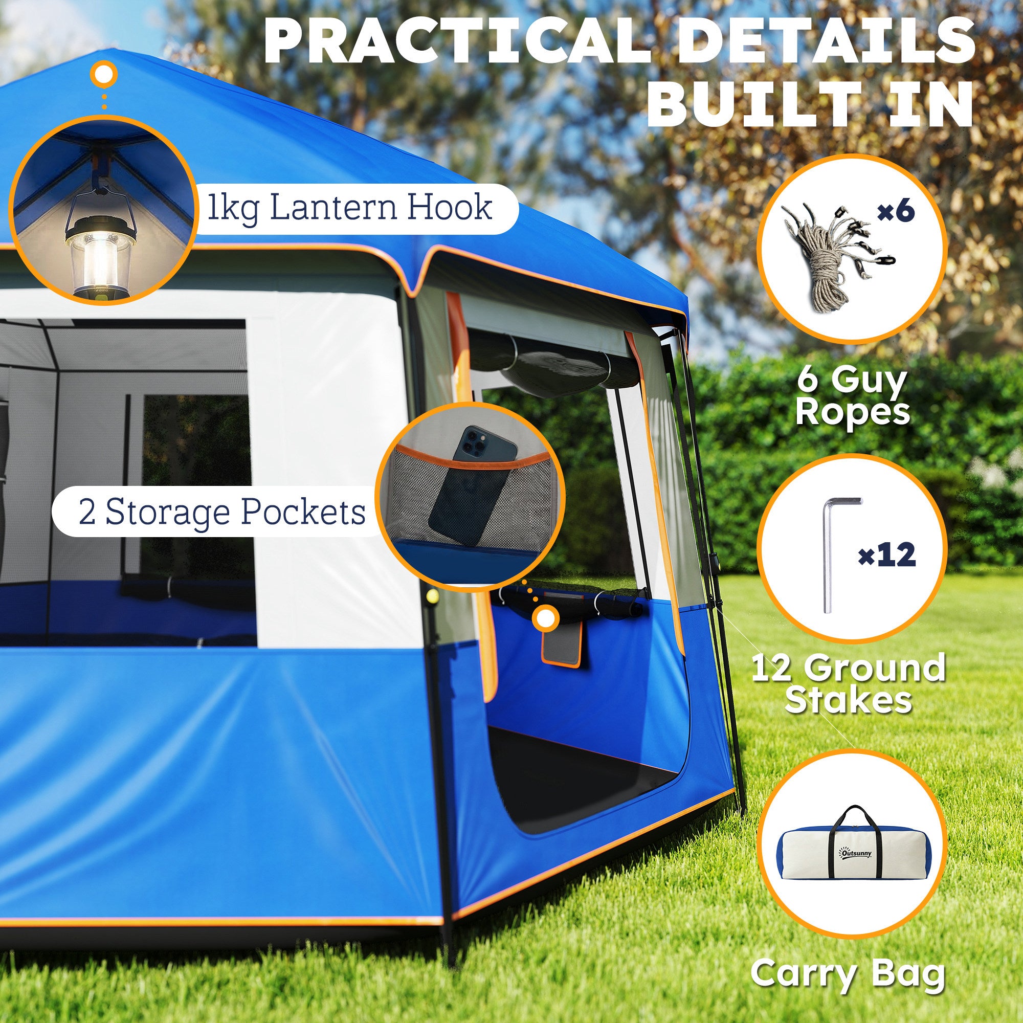 Cabin Tent Easy Setup 3000mm Waterproof Camping Tent 4 Person with Carrying Bag Blue