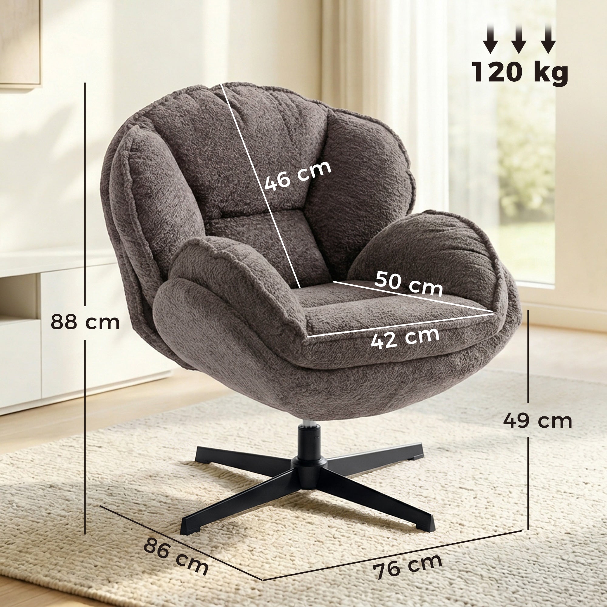 Modern Wingback Accent Chair, Velvet Armchair with Four-Star Base, S-Springs, Swivel, Grey