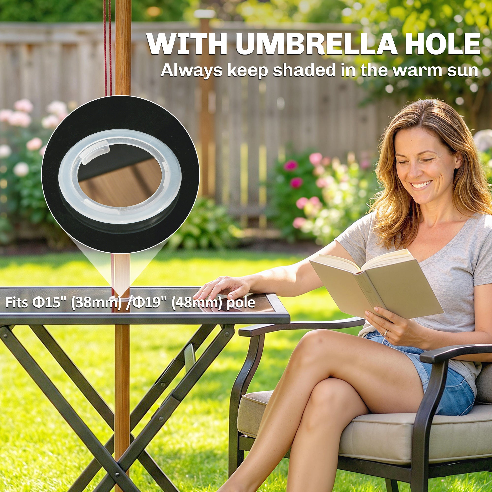 Folding Outdoor Dining Table, Square Garden Table Tempered Glass Top with Parasol Hole Garden Patio, 70 x 70 x 70 cm
