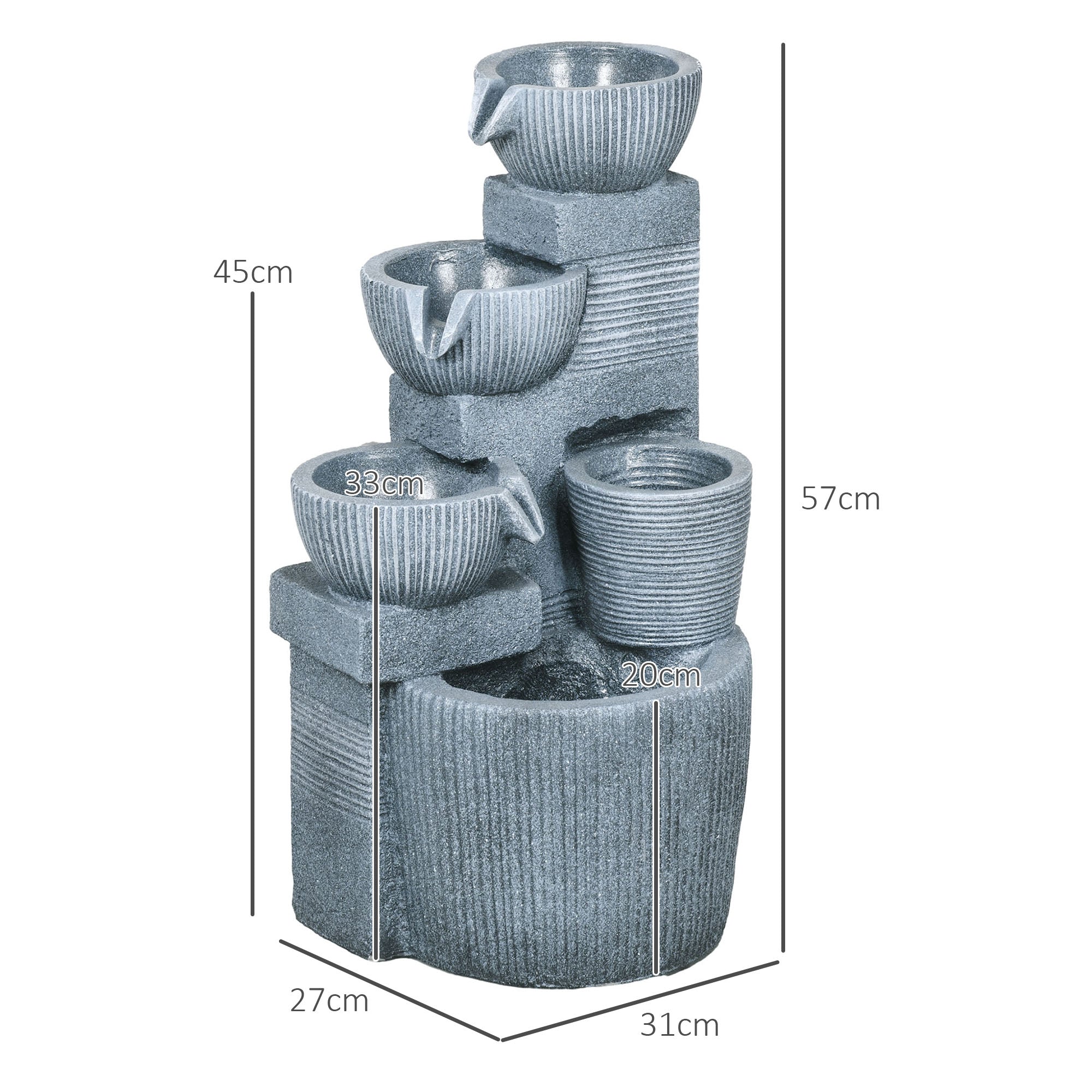 Solar Powered Four-Tier Outdoor Water Fountain with LED Lighting - Dark Grey