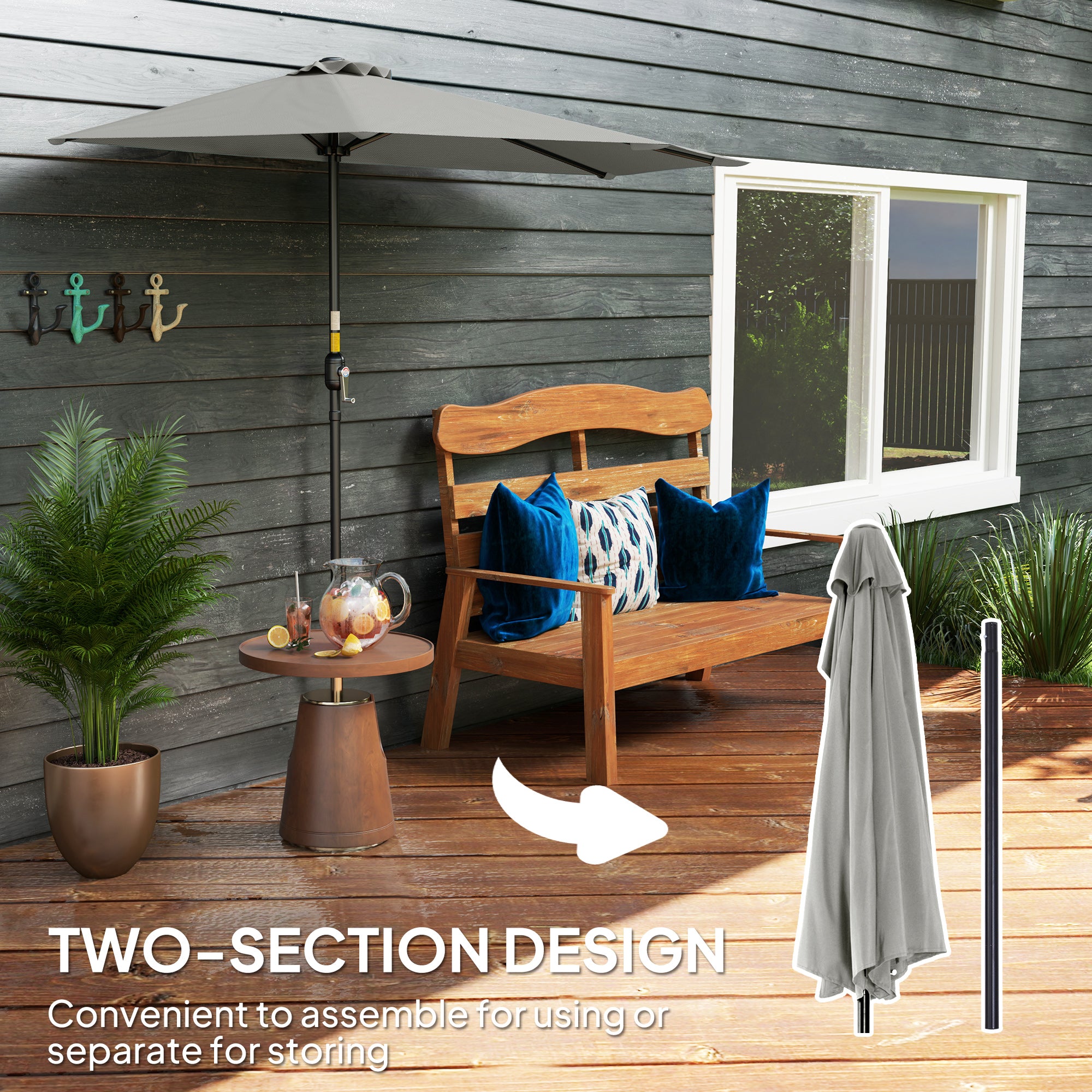 Half Round Patio Parasol Umbrella With Metal Frame - Light Grey