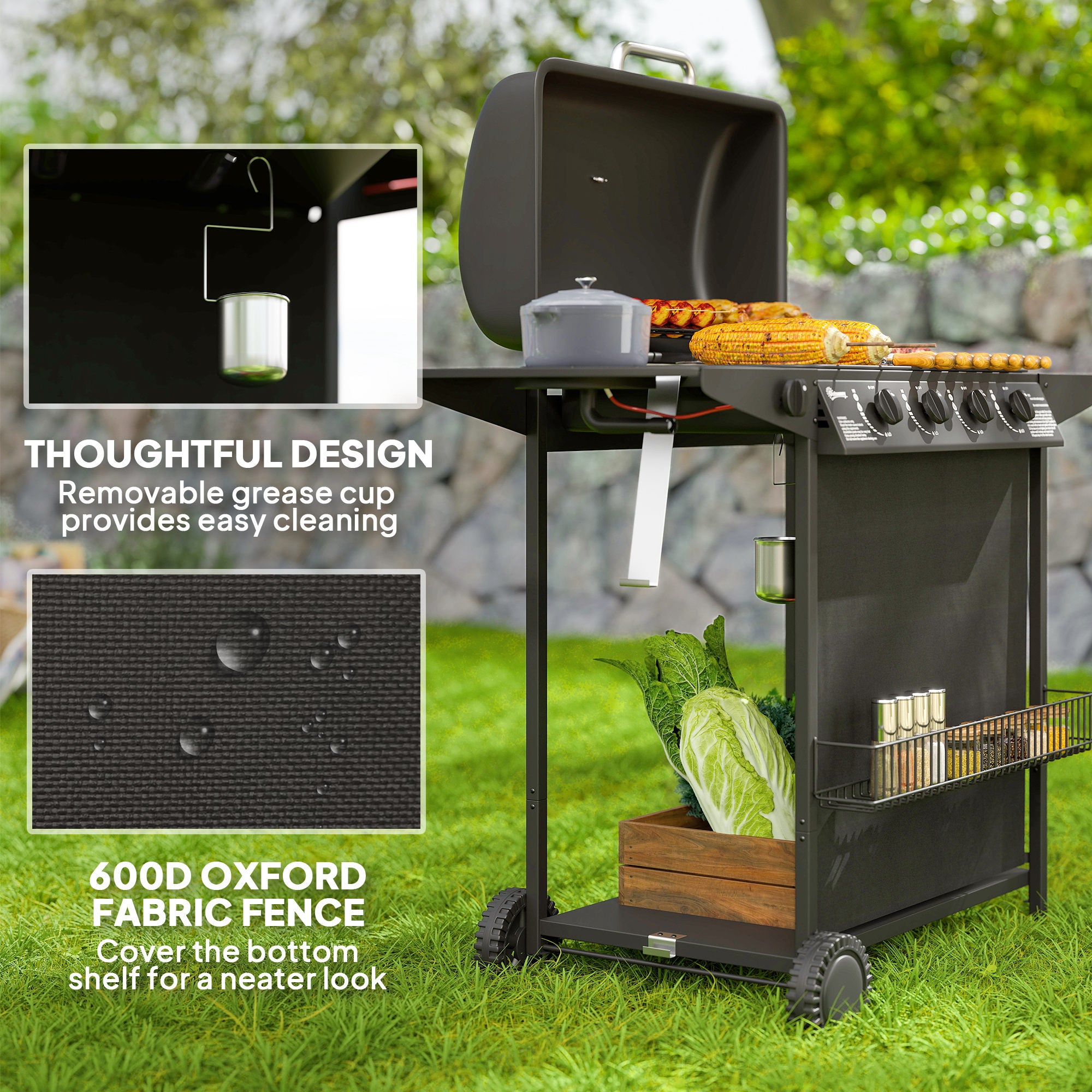 4+1 Burner Gas BBQ Grill, Portable Gas Barbecue Grill with Built-in Thermometer, Lid, Side Table, Shelf, Spice Rack, Wheels, Grease Cup for Garden Party Outdoor Cooking, Black