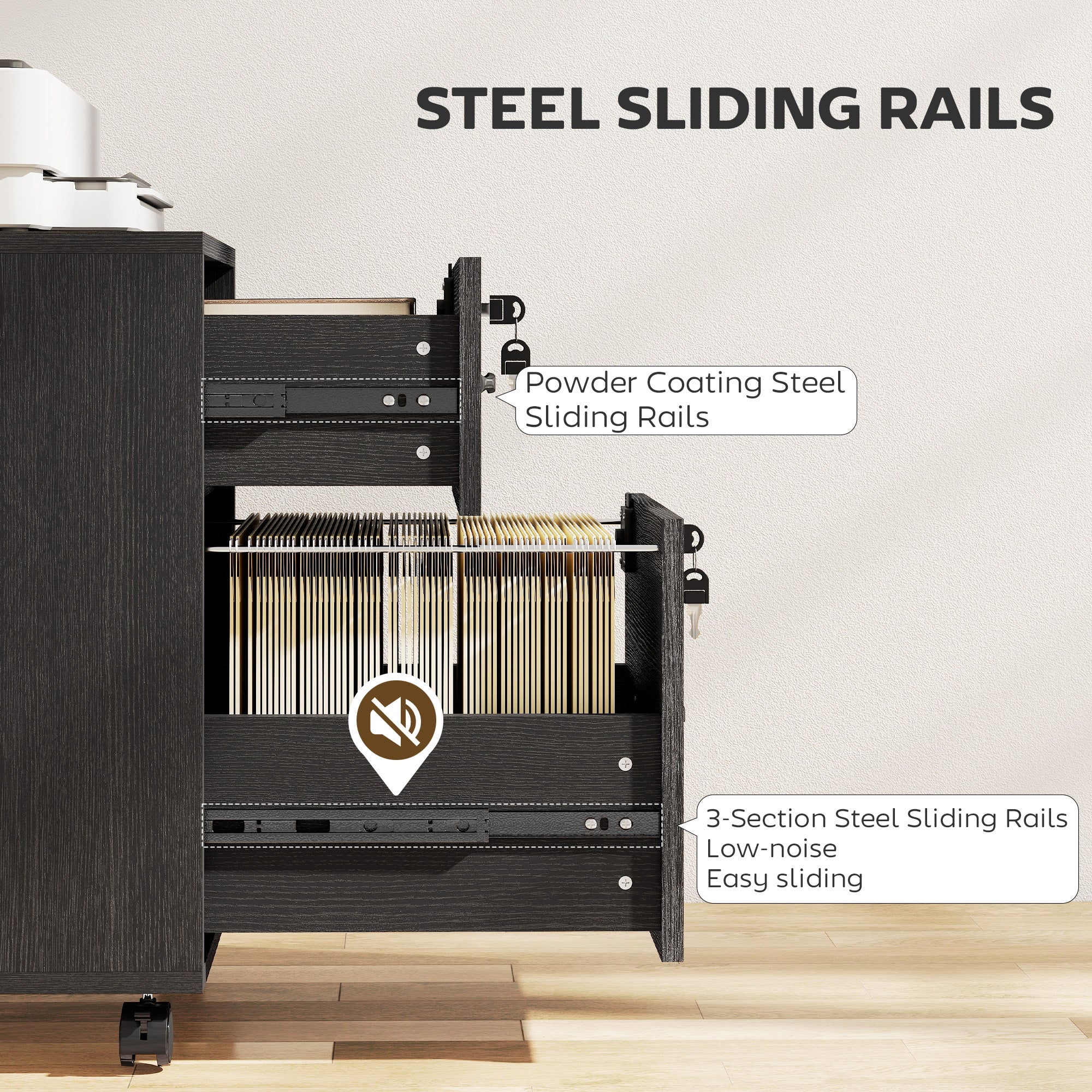 Rolling File Cabinet with 2 Drawers, Mobile Filing Cabinet with Hanging File Folder for Letter Sized Documents, Black