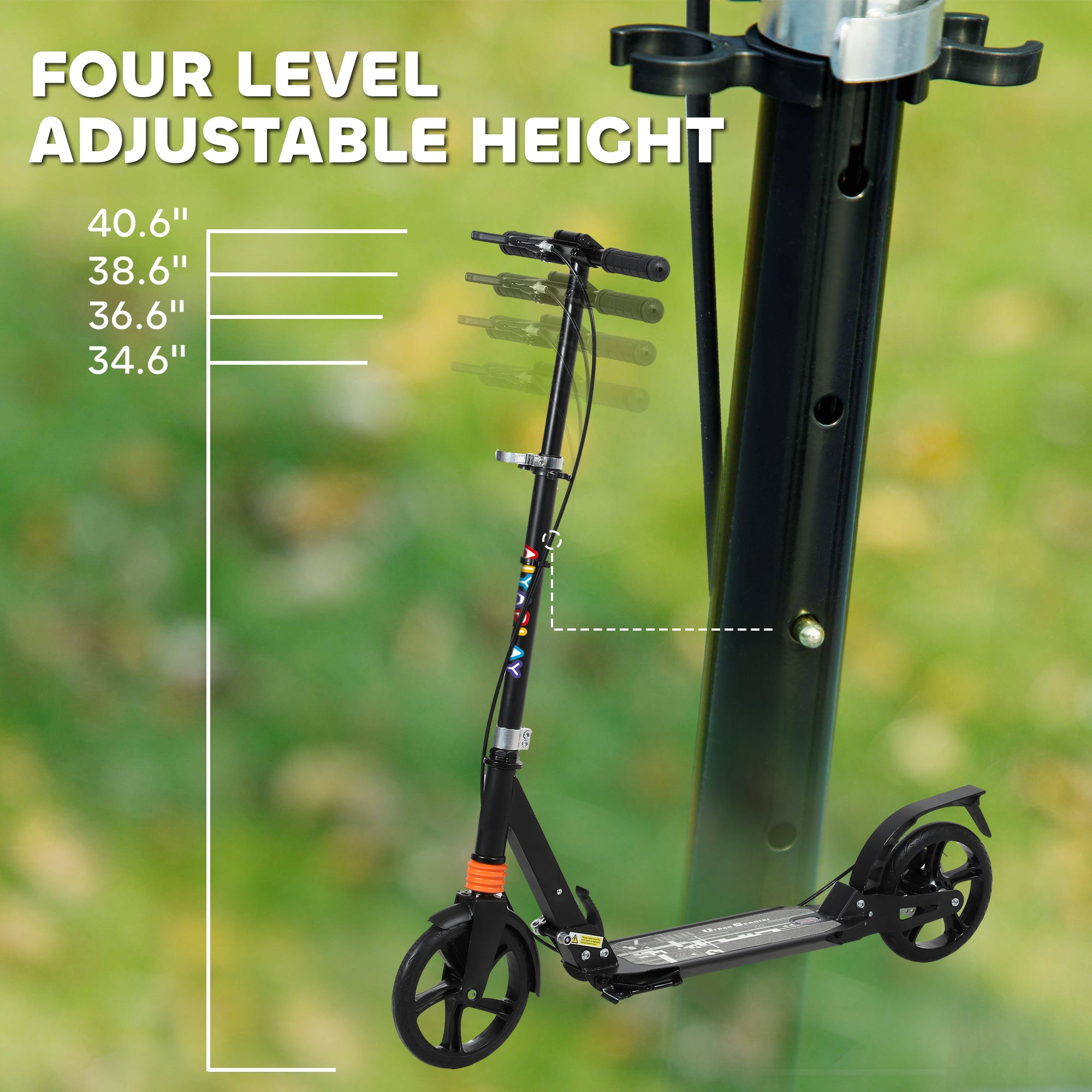 Kids Scooter with 4-Level Adjustable Handlebar, Dual Brake, 200mm Wheels, ABEC-7 Bearings - Black