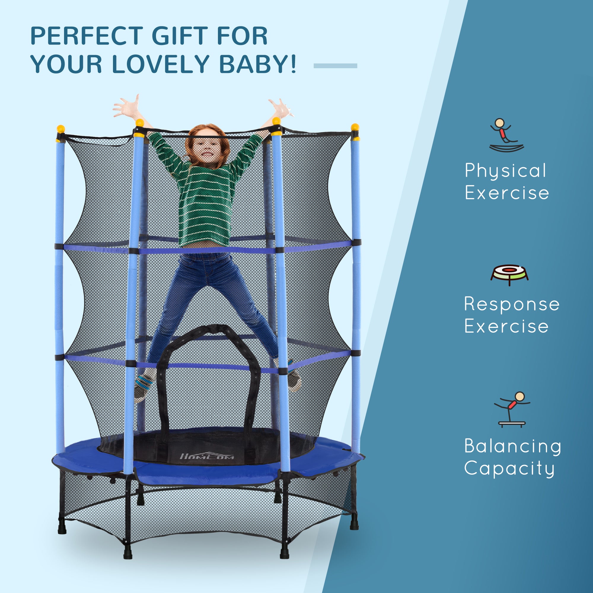 4.6FT/55" Kids Trampoline with Safety Enclosure, Outdoor Indoor Use, for Ages 3-10 Years, Blue