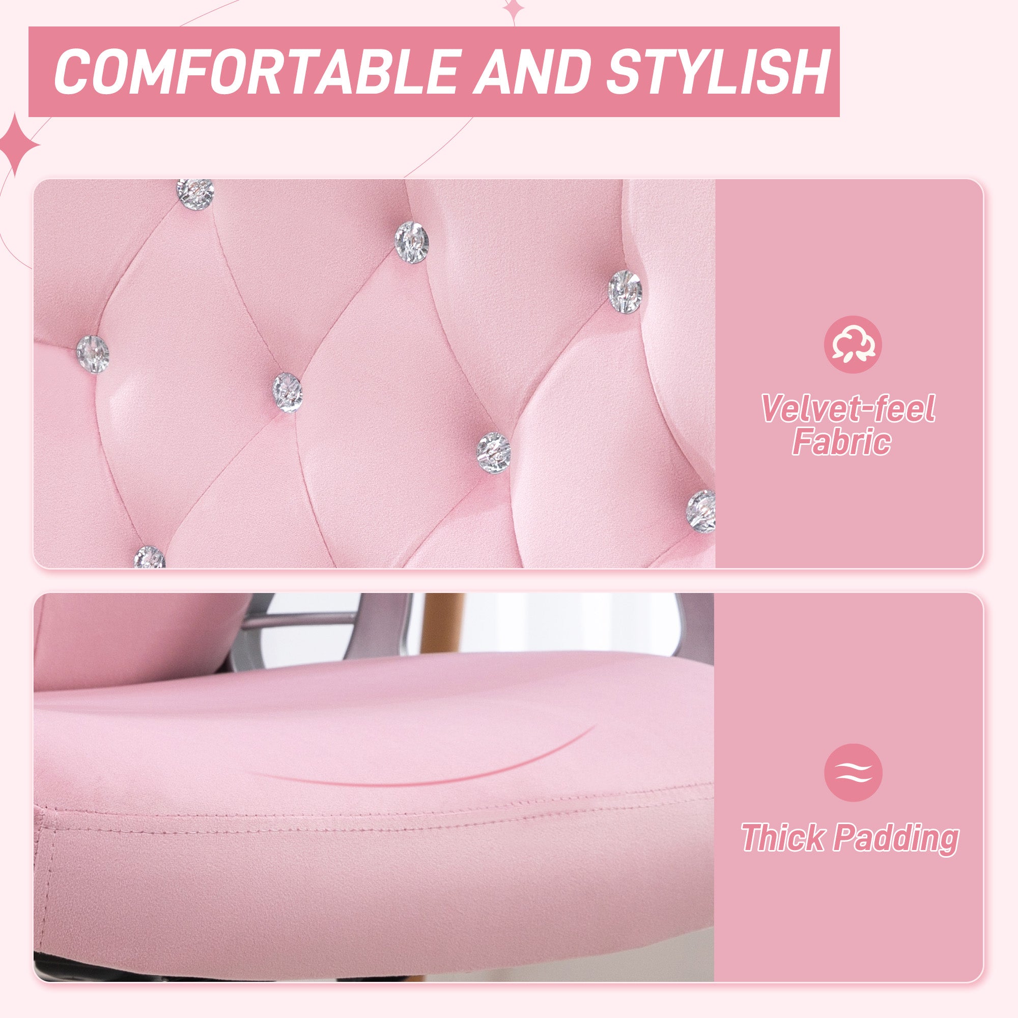 Velvet-Feel Work Chair, with Diamante Back - Pink