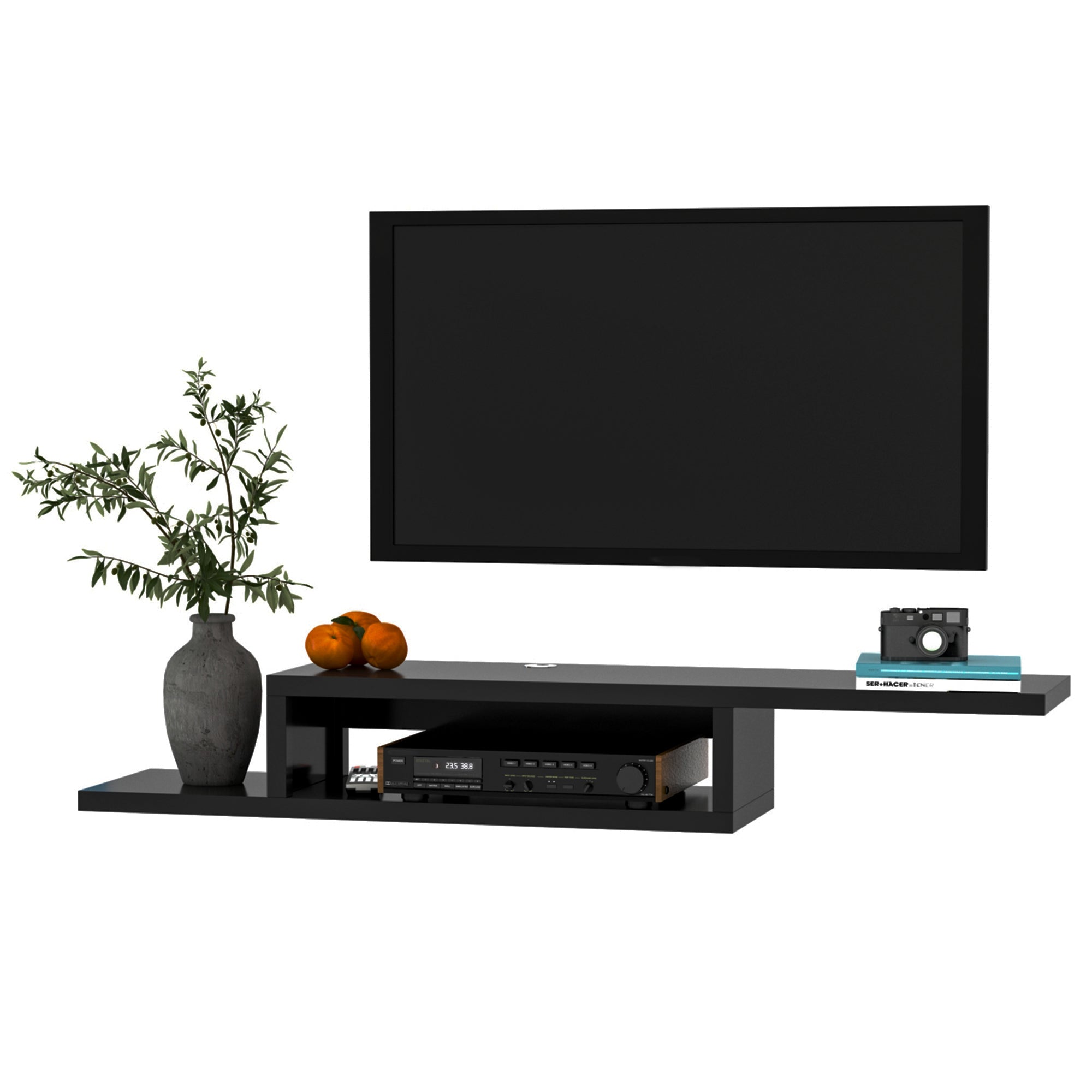 Floating Wall Mounted TV Unit with Open Shelf & Cable Holes - Black