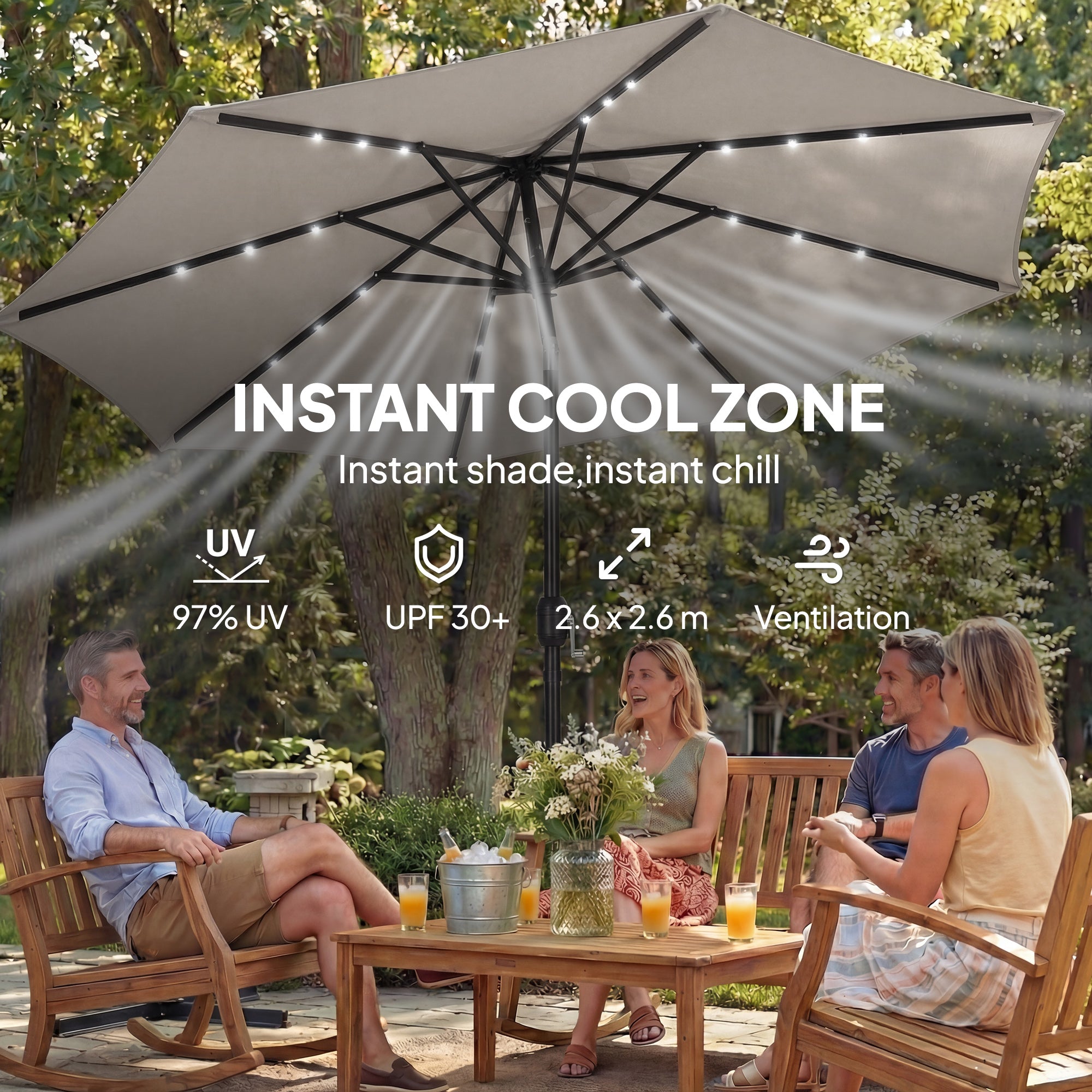 2.6 m Garden Parasol Umbrella with LED Solar Light, Parasol Cover, Outdoor Market Patio Umbrella, Light Grey