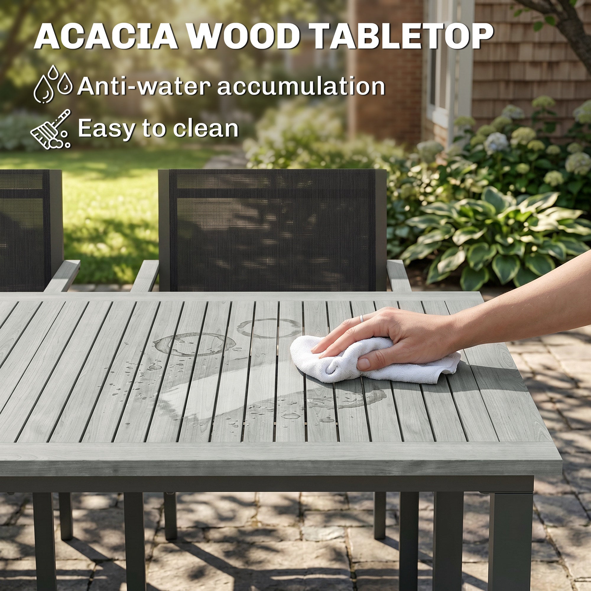 Garden Dining Set with Acacia Wood Table Top, Outdoor Table and Stackable Chairs Set for 6 with Texteline Seat, Grey
