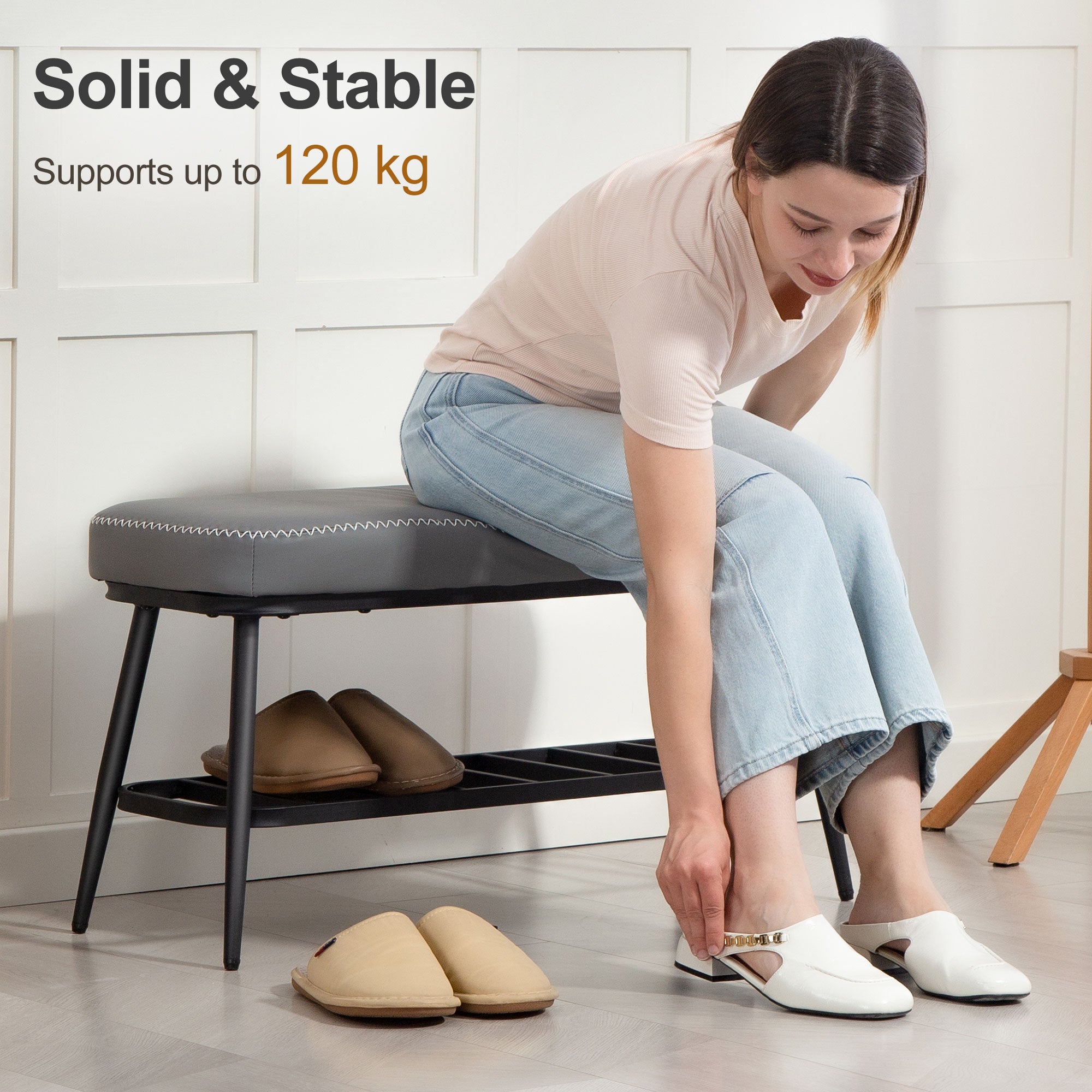 PU Leather Shoe Storage Bench - Grey