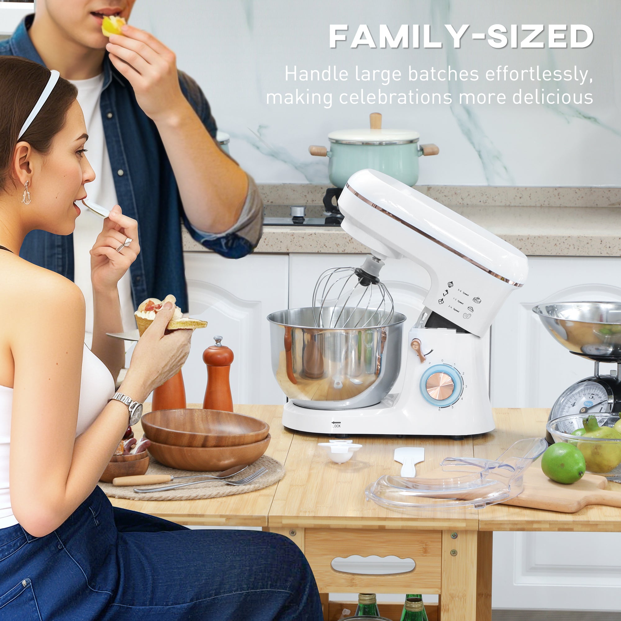 Stand Mixer, 5L Food Mixer for Baking, 6 Speeds and Pulse Setting, 1400W Cake Electric Kitchen Mixer with Dough Hook, Whisk, Stainless Steel Bowl, Splash Guard, Beater, White