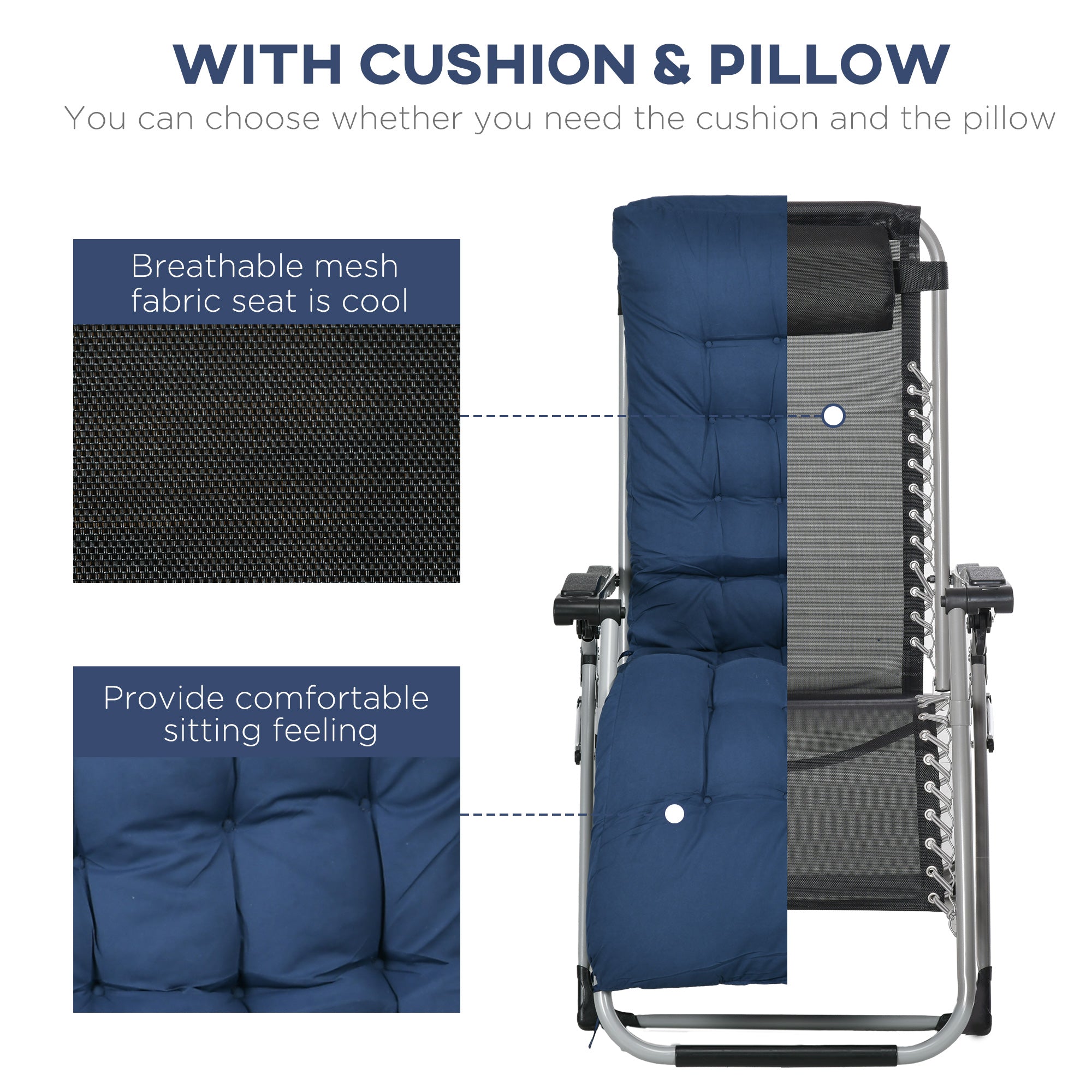 2pc Reclining Zero Gravity Sun Loungers ,Folding Chaise Lounge Chair with Cushions, Blue