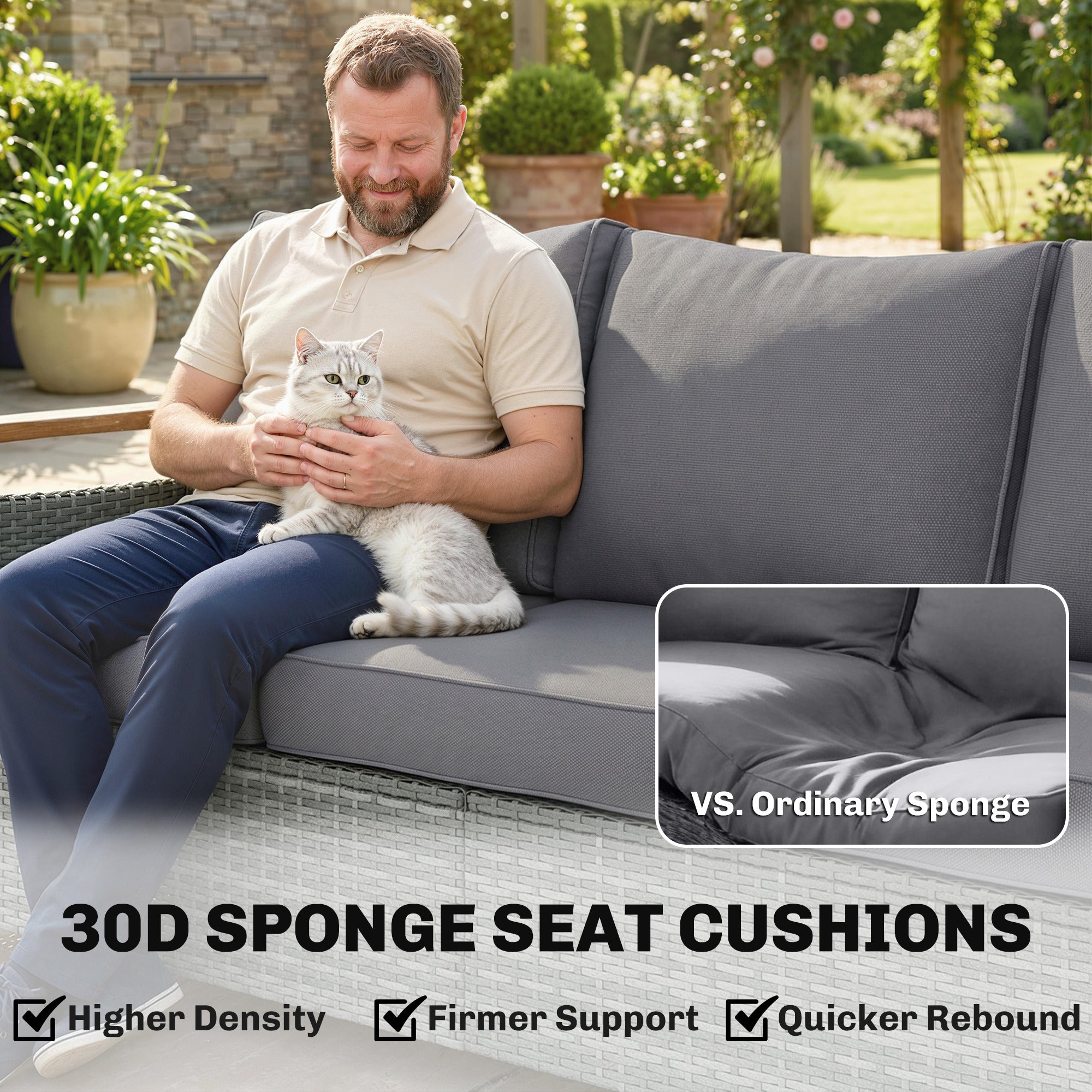 3 Seater Rattan Garden Sofa, PE Wicker Outdoor Sofa Wide Deep Seat, 4" Cushions, Wood-Effect Armrests Legs, Dark Grey