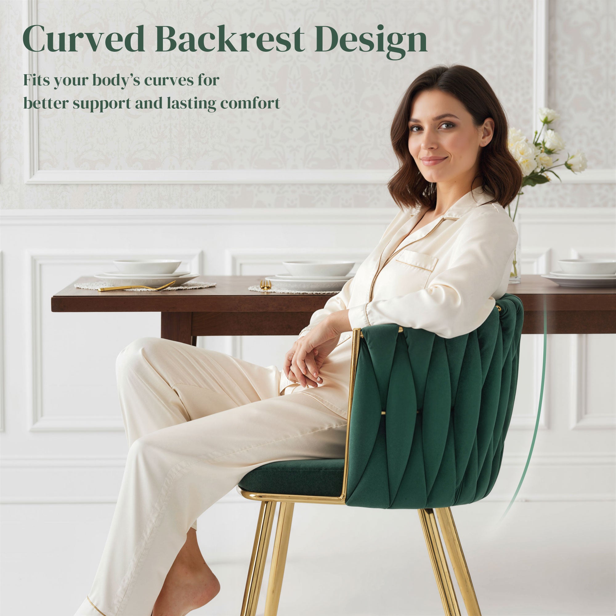 Velvet-Feel Dining Chairs Set of 2, Modern Upholstered Armchair with Knot Design and Golden Metal Legs, Accent Chair for Dining Room, Bedroom, Kitchen, Living Room, Dark Green