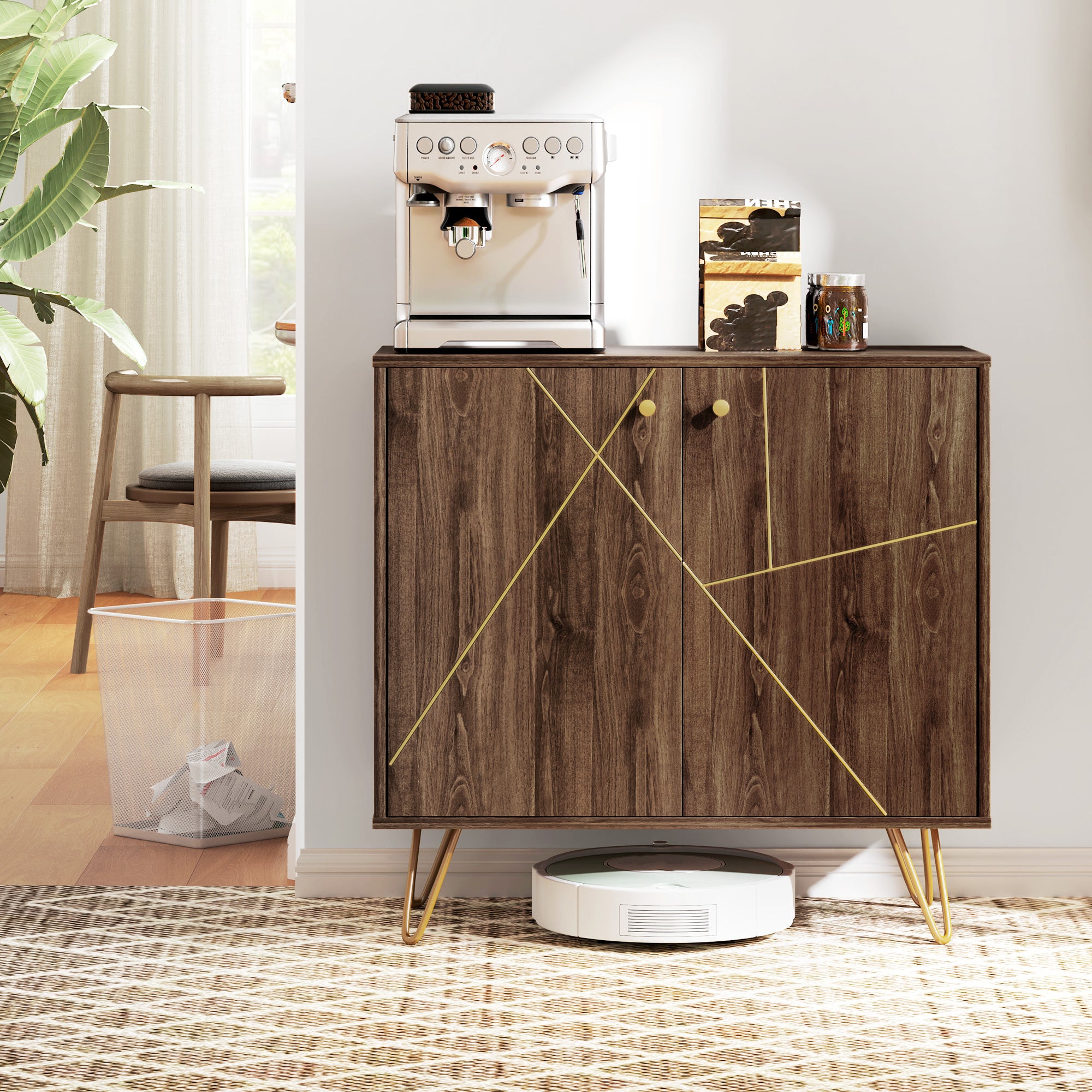 Sideboard Storage Cabinet with Golden Lines, Modern Luxury Living Room Cabinet with Adjustable Shelf, Steel Harpin Legs, Brown