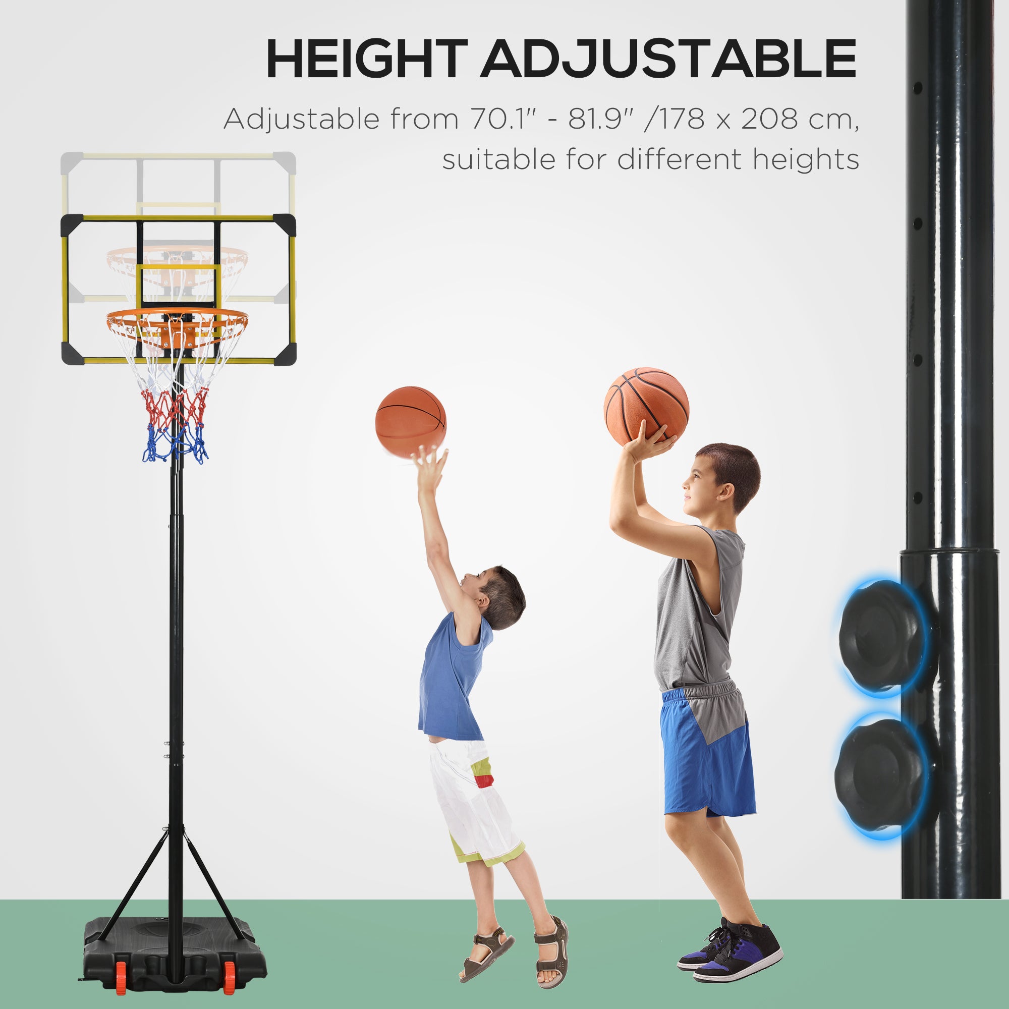 Height Adjustable Basketball Hoop and Stand with Firm Backboard and Weighted Base, Portable on Wheels, Yellow