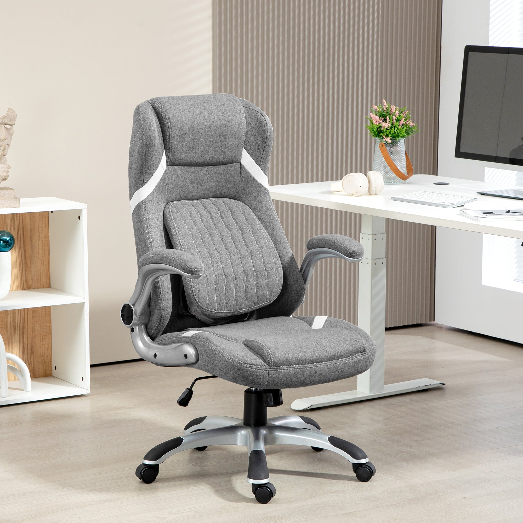 Linen-Look Office Chair, with Adjustable Height and Tension - Grey