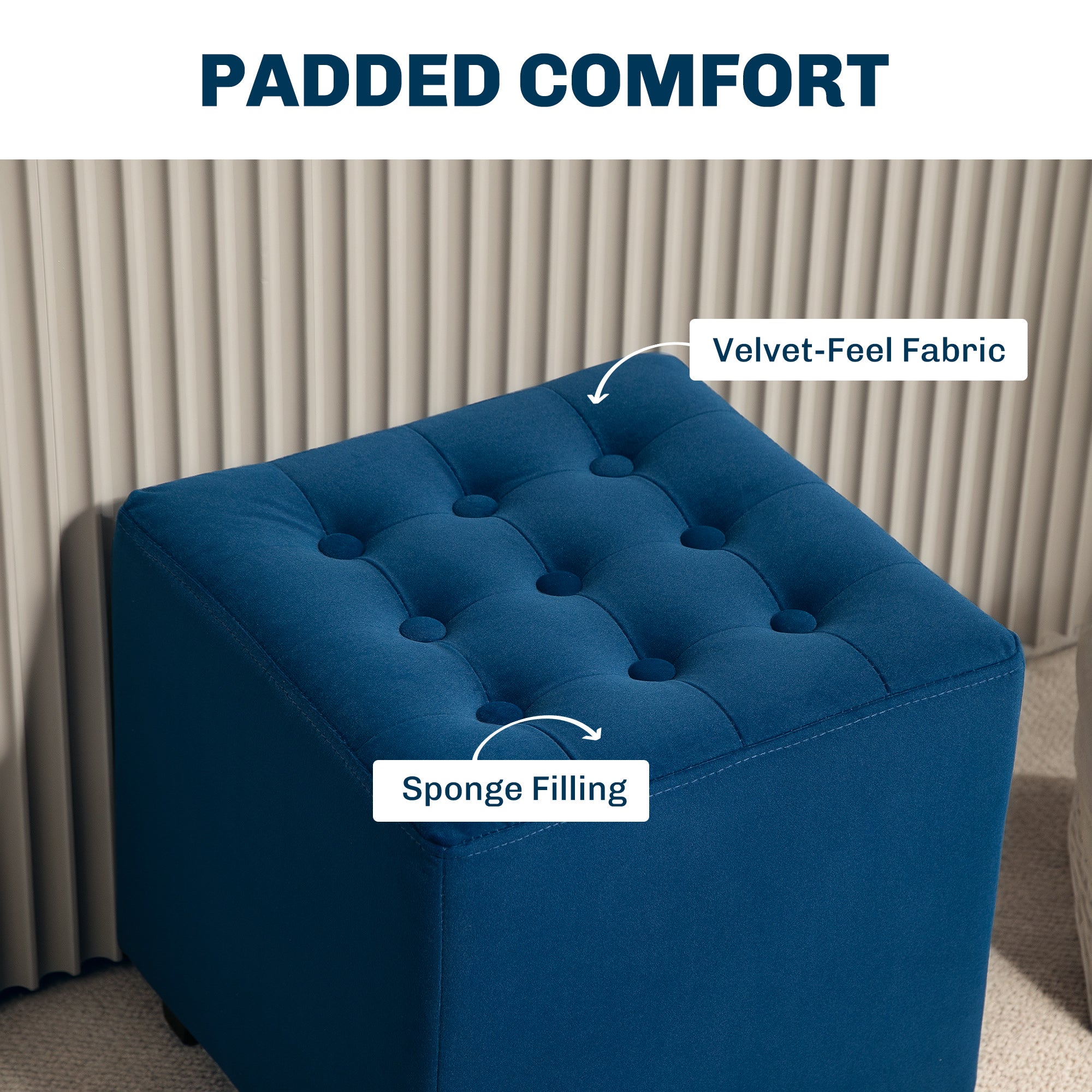 Velvet-Feel Square Ottoman - Blue