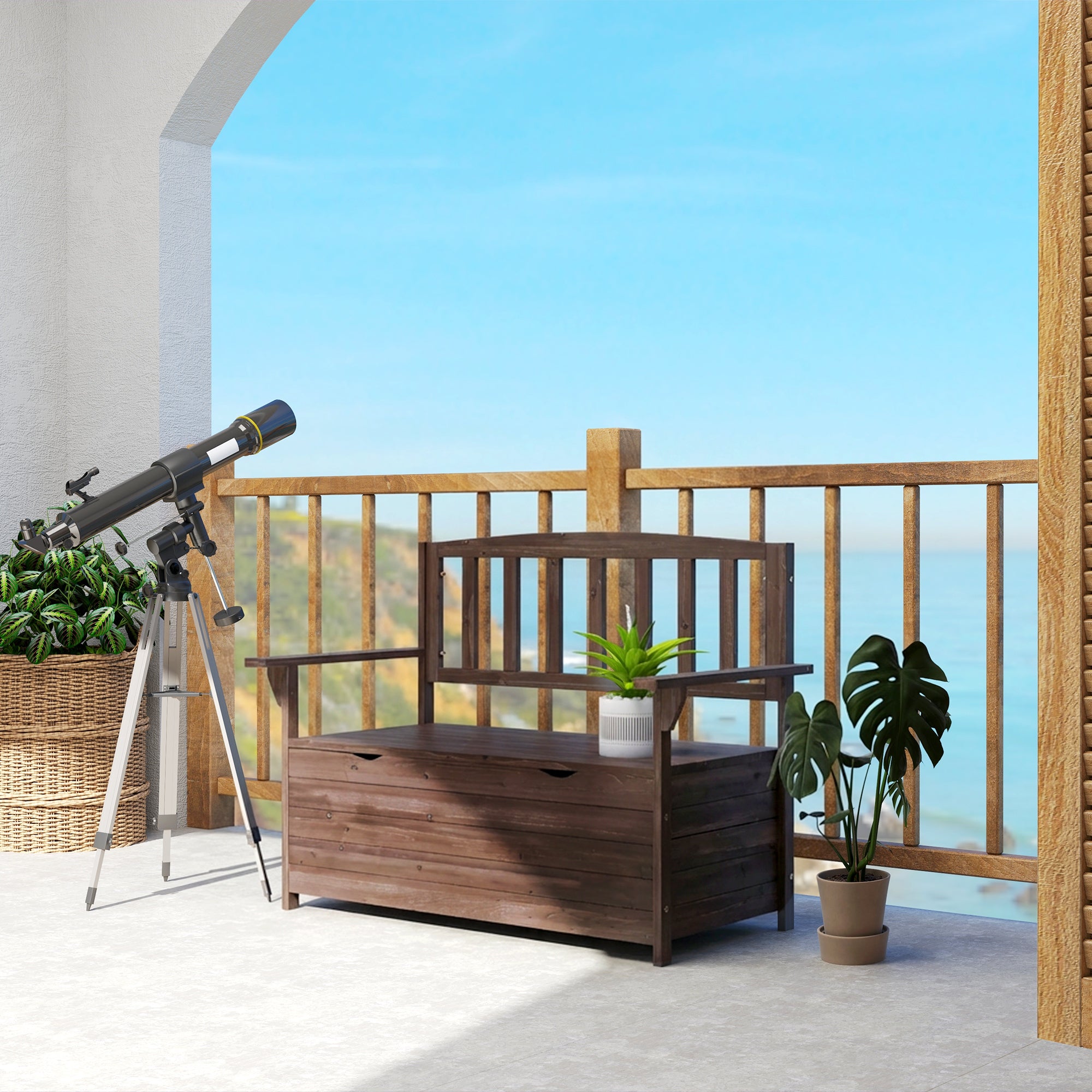 Outdoor 2 Seater Garden Bench, Wooden Bench with Storage, Backrest, Arm Rests, 112 x 84 x 58 cm, Brown