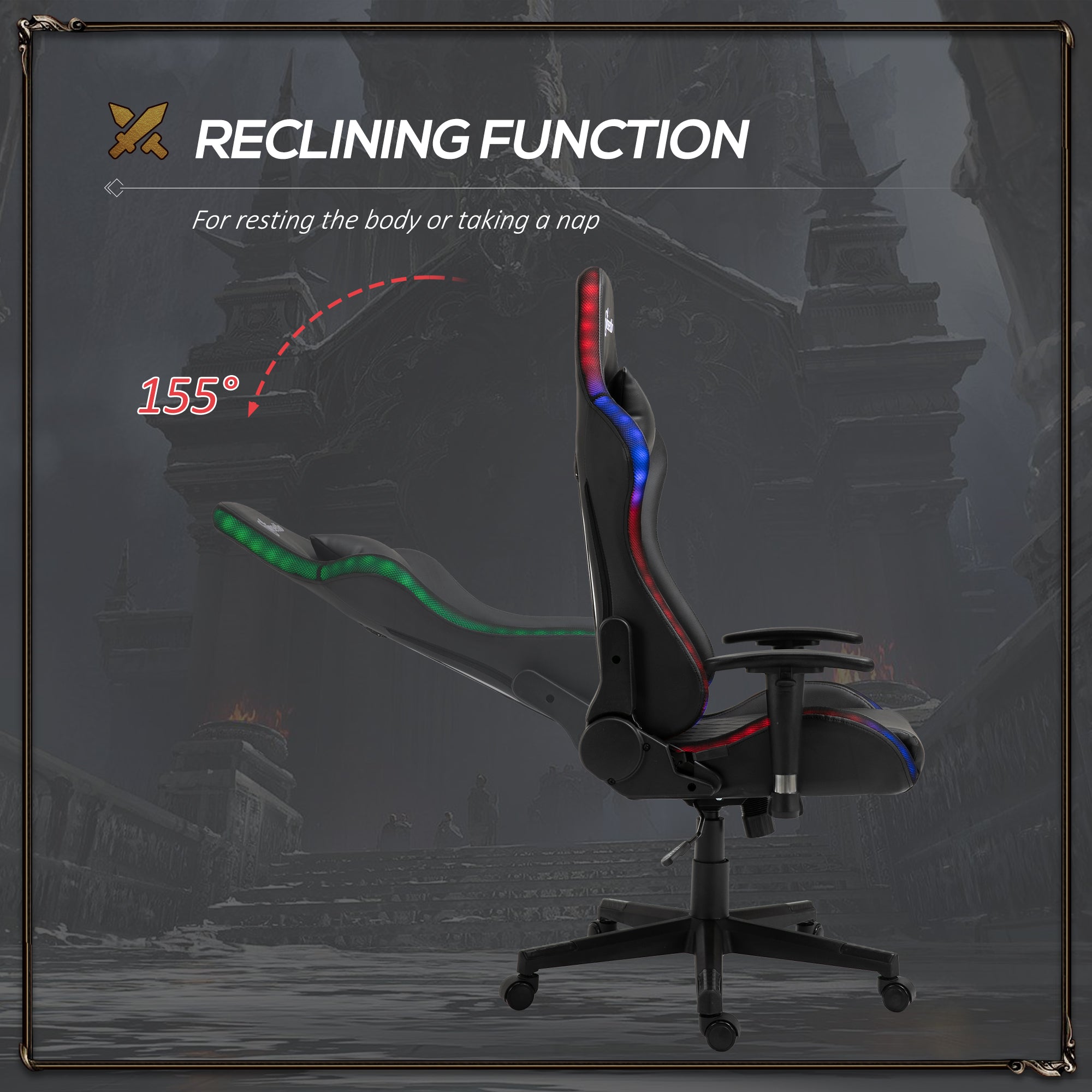 Gaming Chair with RGB LED Light, 2D Arm, Lumbar Support, Height Adjustable Swivel Office Computer Recliner, Racing Gamer Desk Chair for Home, Black