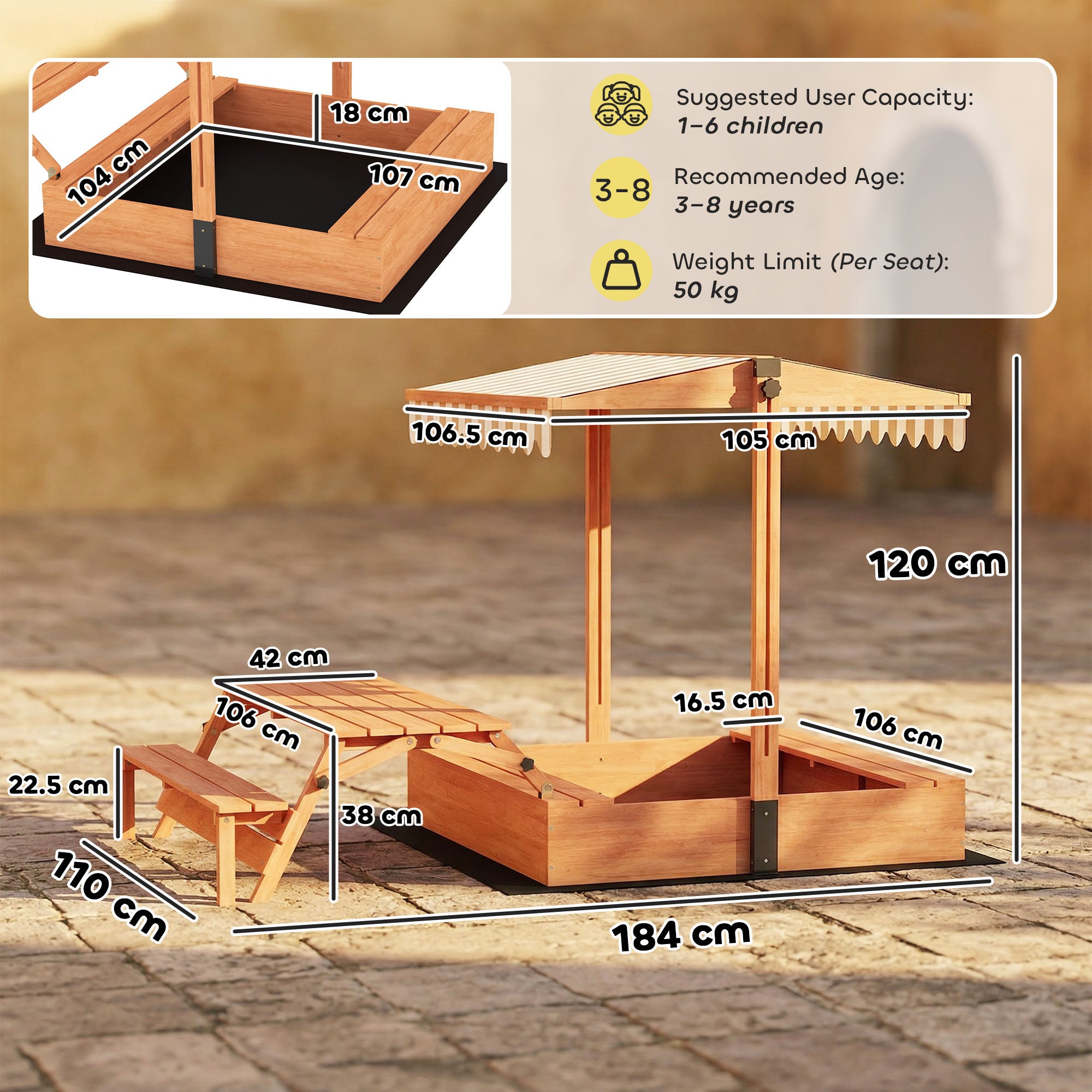 Kids Sand Pit with Lid, Wooden Sandpit with Canopy, Foldable Picnic Table, Bench Seats, Bottom Liner for Patio Garden