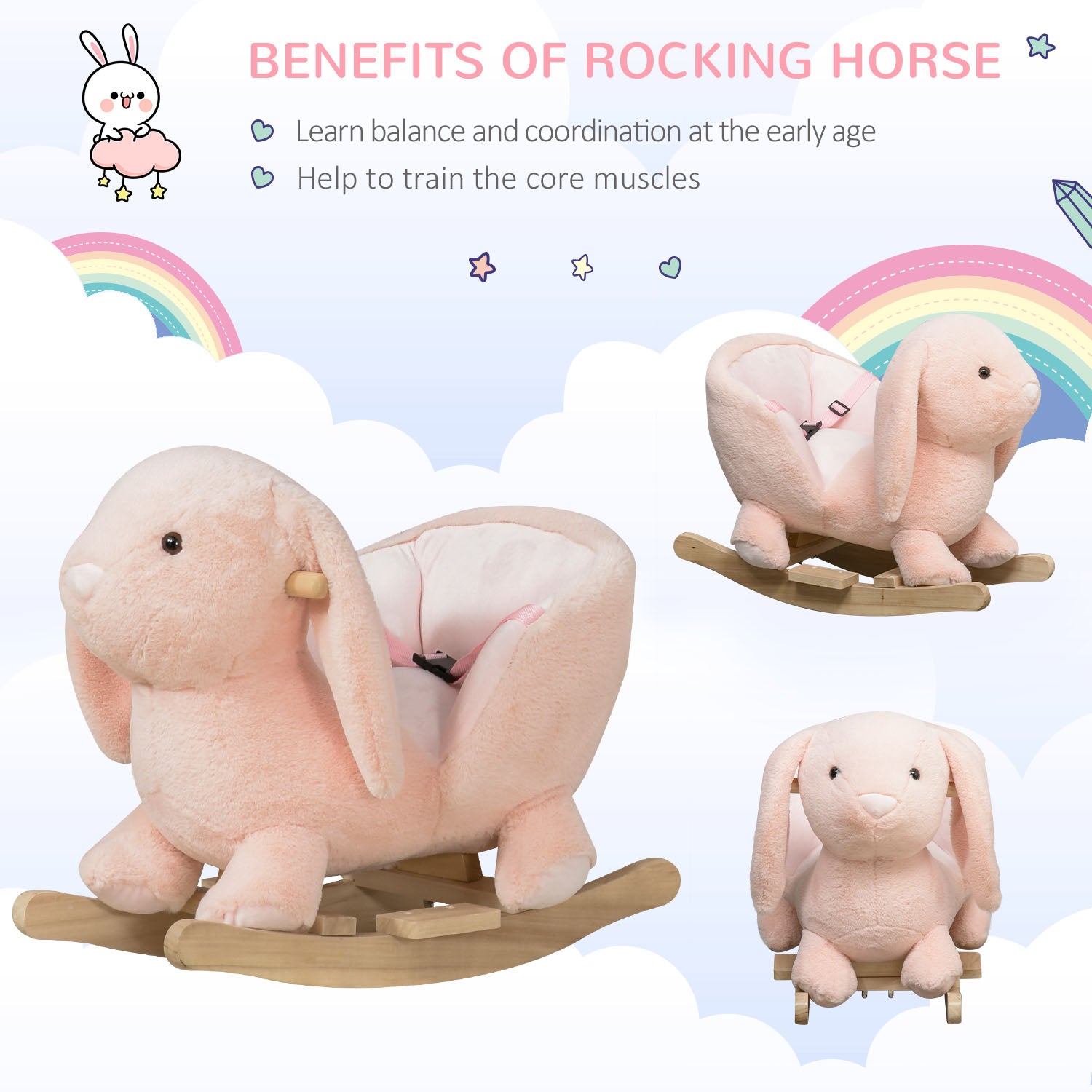 Kids Children Rocking Horse Plush Ride On Rabbit Seat w/ Sound Wood Base Seat Safety Belt Toddler Baby Toy Rocker Pink 18 - 36 Months
