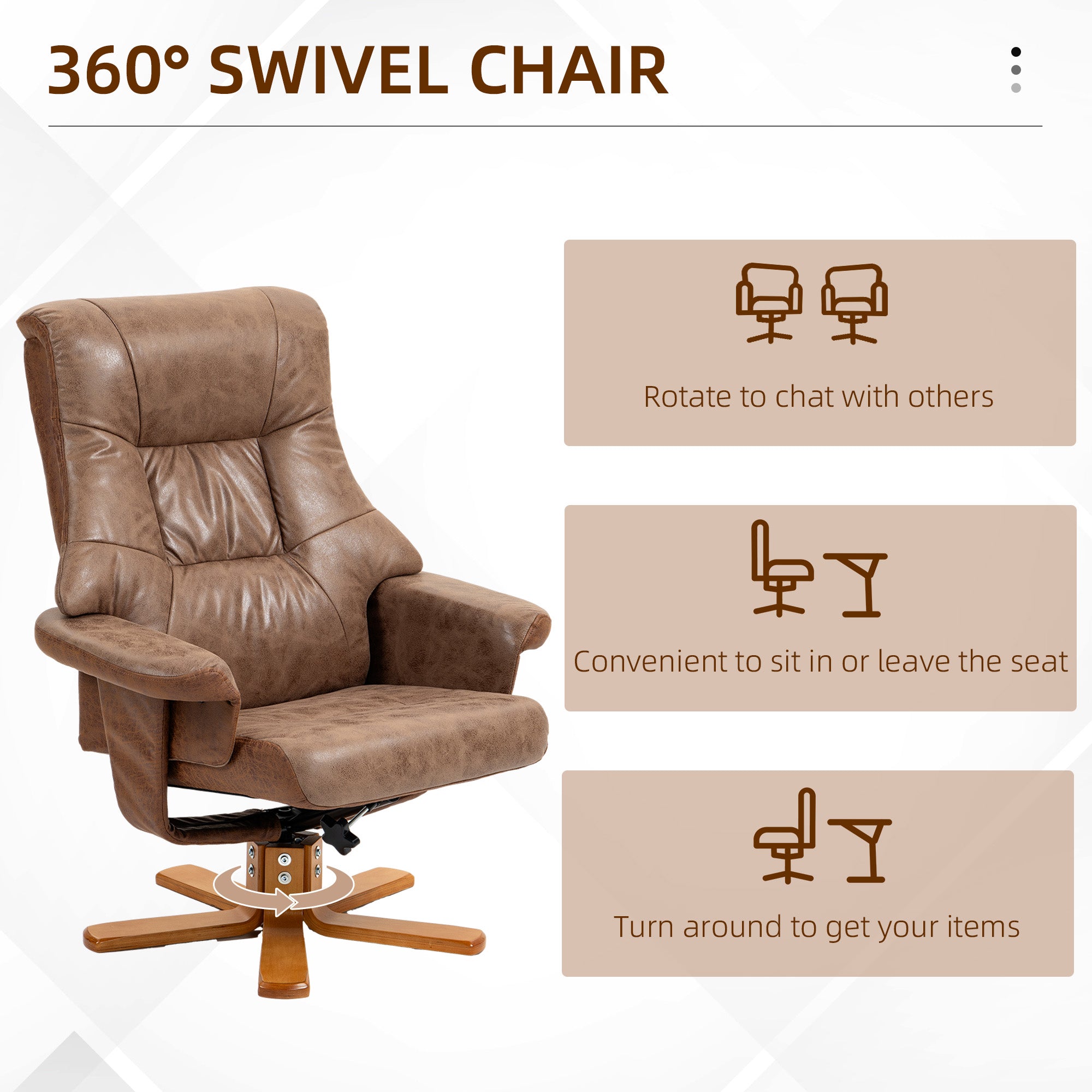 Recliner Chair With Footstool, Swivel Lounge Armchair, 135° Reclining Chair With Soft Padded Seat and Armrest For Living Room, Bedroom, Brown