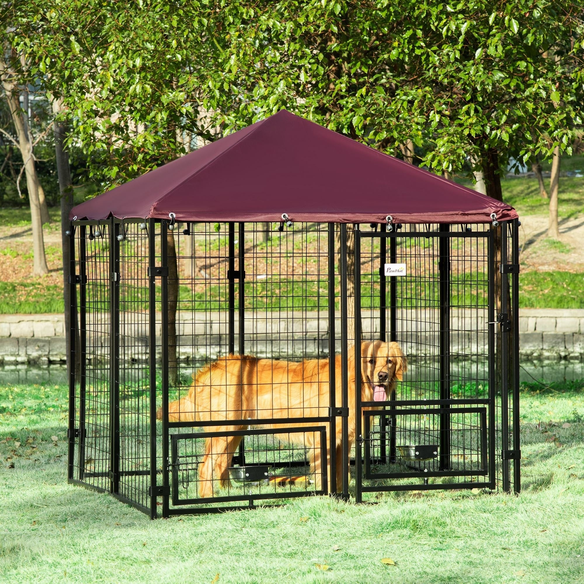 Outdoor Dog Kennel with Rotating Bowl Holders, Water and UV-Resistant Cover for Medium & Small Dogs, Red