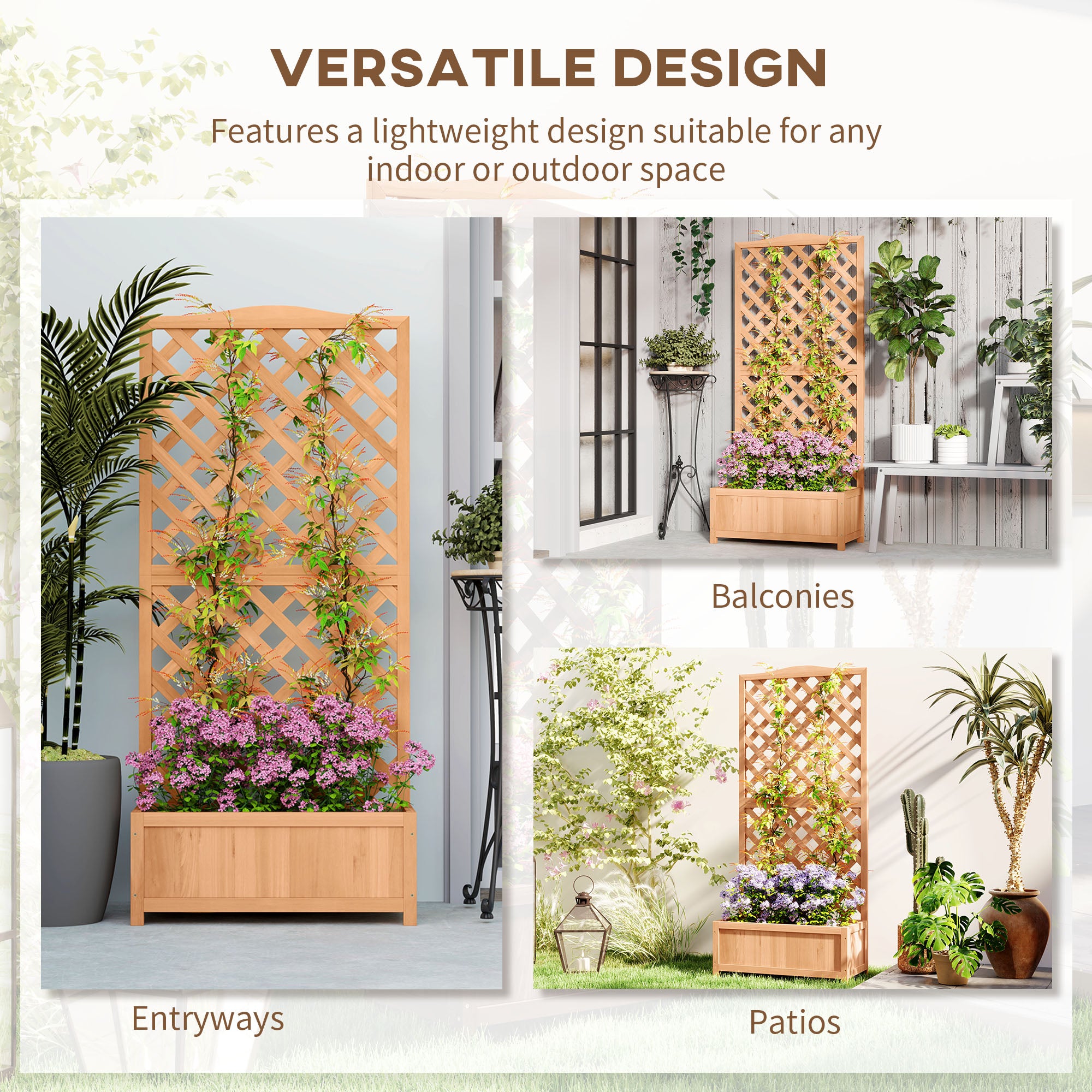 Wooden Planter with Trellis, Freestanding Raised Bed for Garden with Lattice, Outdoor Planter Box for Climbing Plants, Vines, Flowers, 76 x 36 x 170 cm, Natural