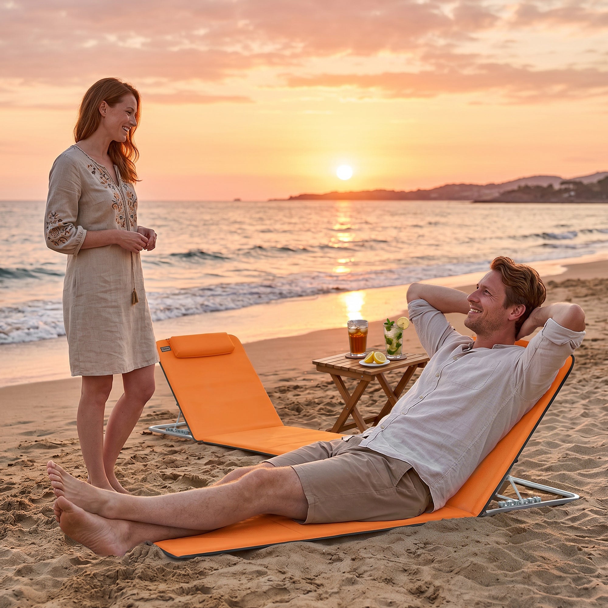 Set of Two Metal Frame Beach Chairs, with Reclining Backs - Orange