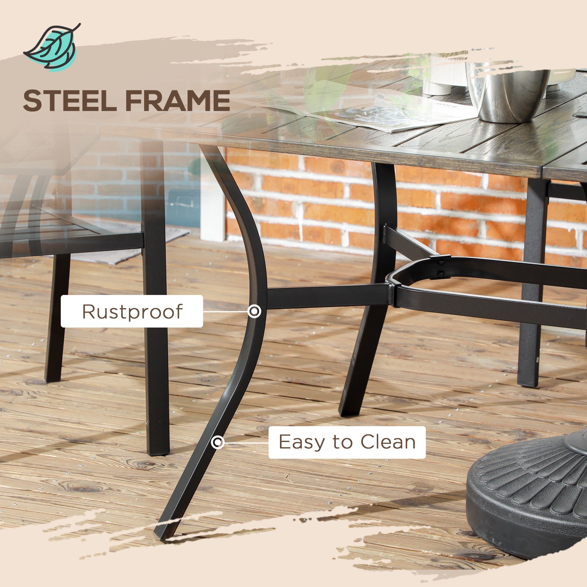 Six-Seater Steel Garden Table, with Œ€41mm Parasol Hole - Wood-Effect