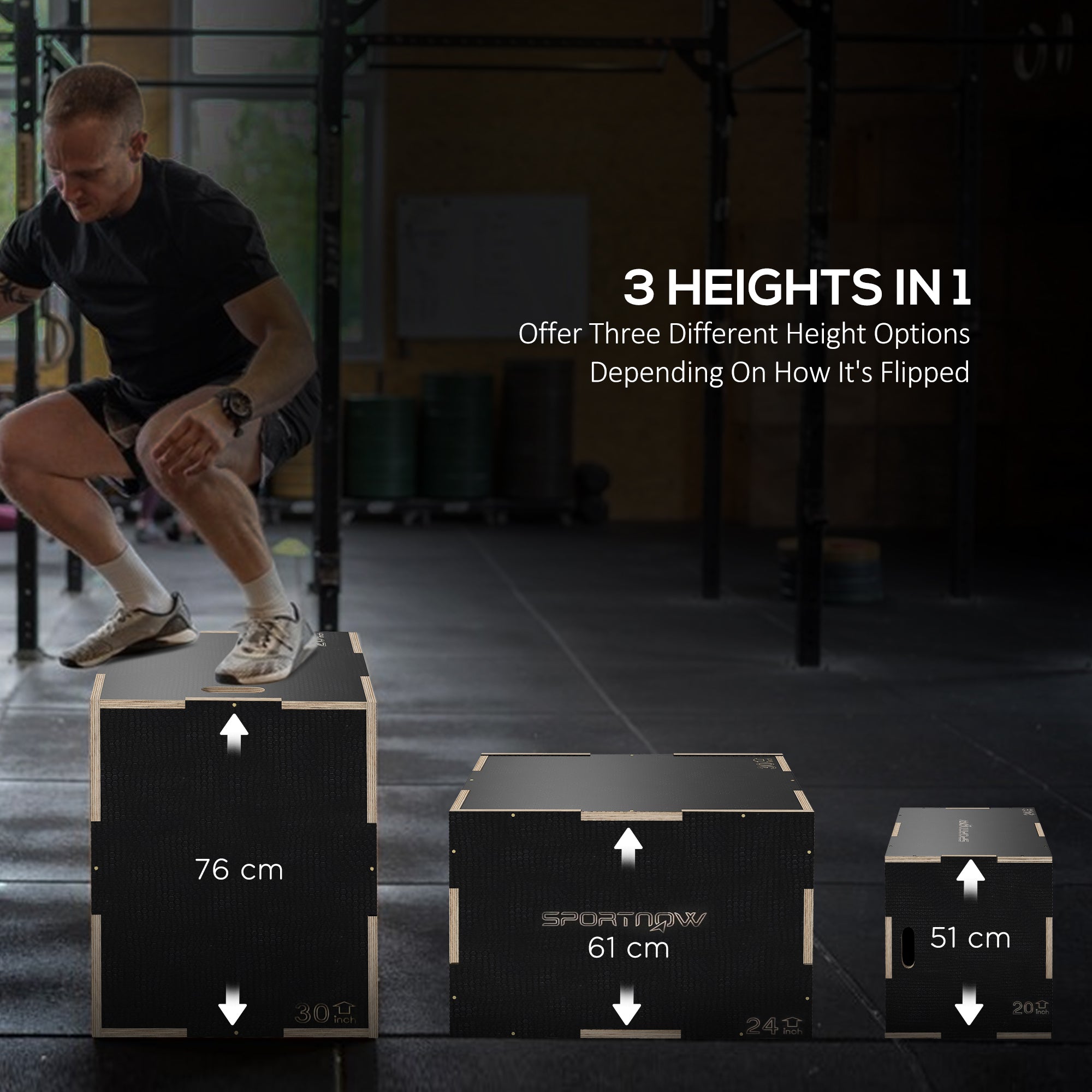 3 Piece Wooden Adjustable Step Up Box Set for Home Gym - Black