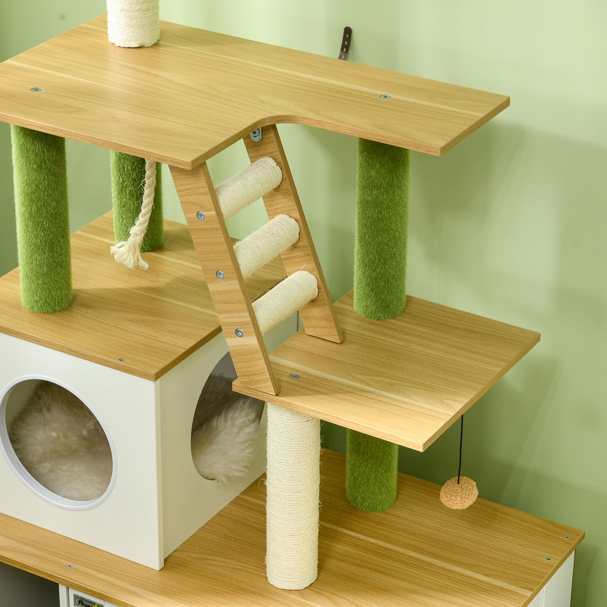 2-in-1 Hidden Cat Litter Box, Green Leaf Cat Tree, with House, Ladder, Scratching Posts, Platforms, Indoors -Oak